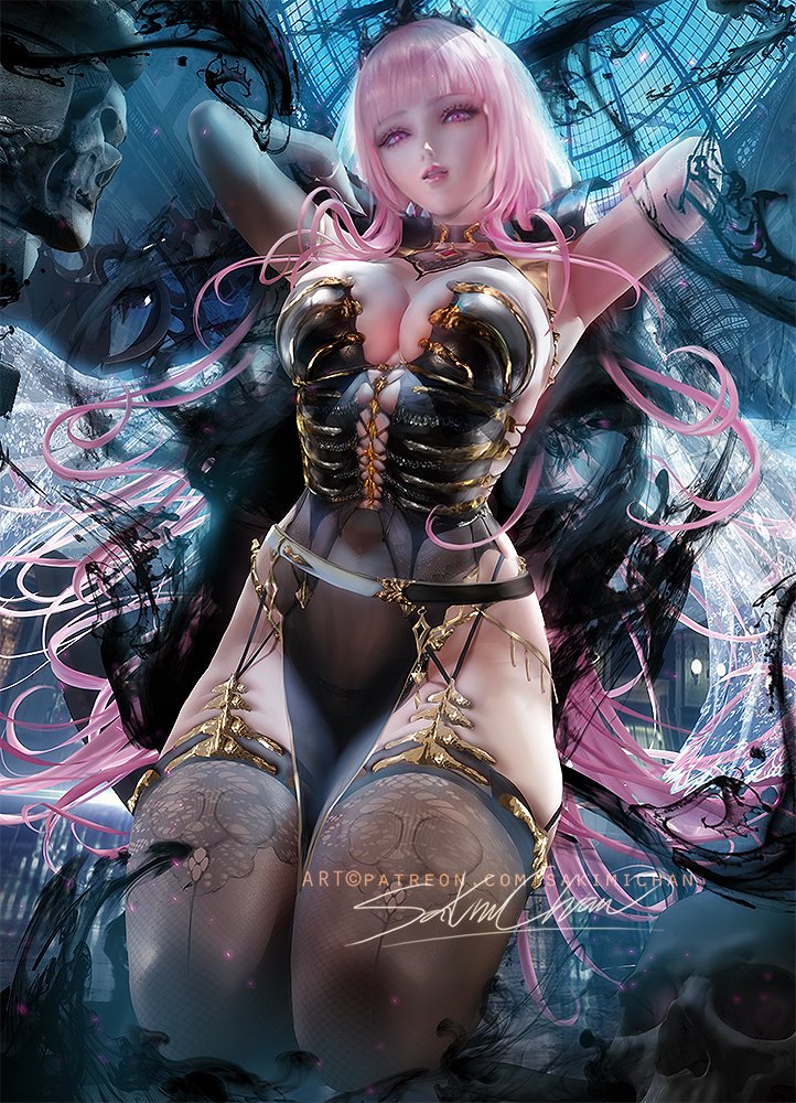 1girls, 2022, armpits, arms behind head, arms up, artist signature, breasts, cleavage, female, female only, hips, hololive, hololive english, hololive myth, huge breasts, kneeling, long hair, mori calliope, pink eyes, pink hair, sakimichan, slim waist, stockings, thick thighs, thighhighs, thighs, virtual youtuber, watermark, wide hips