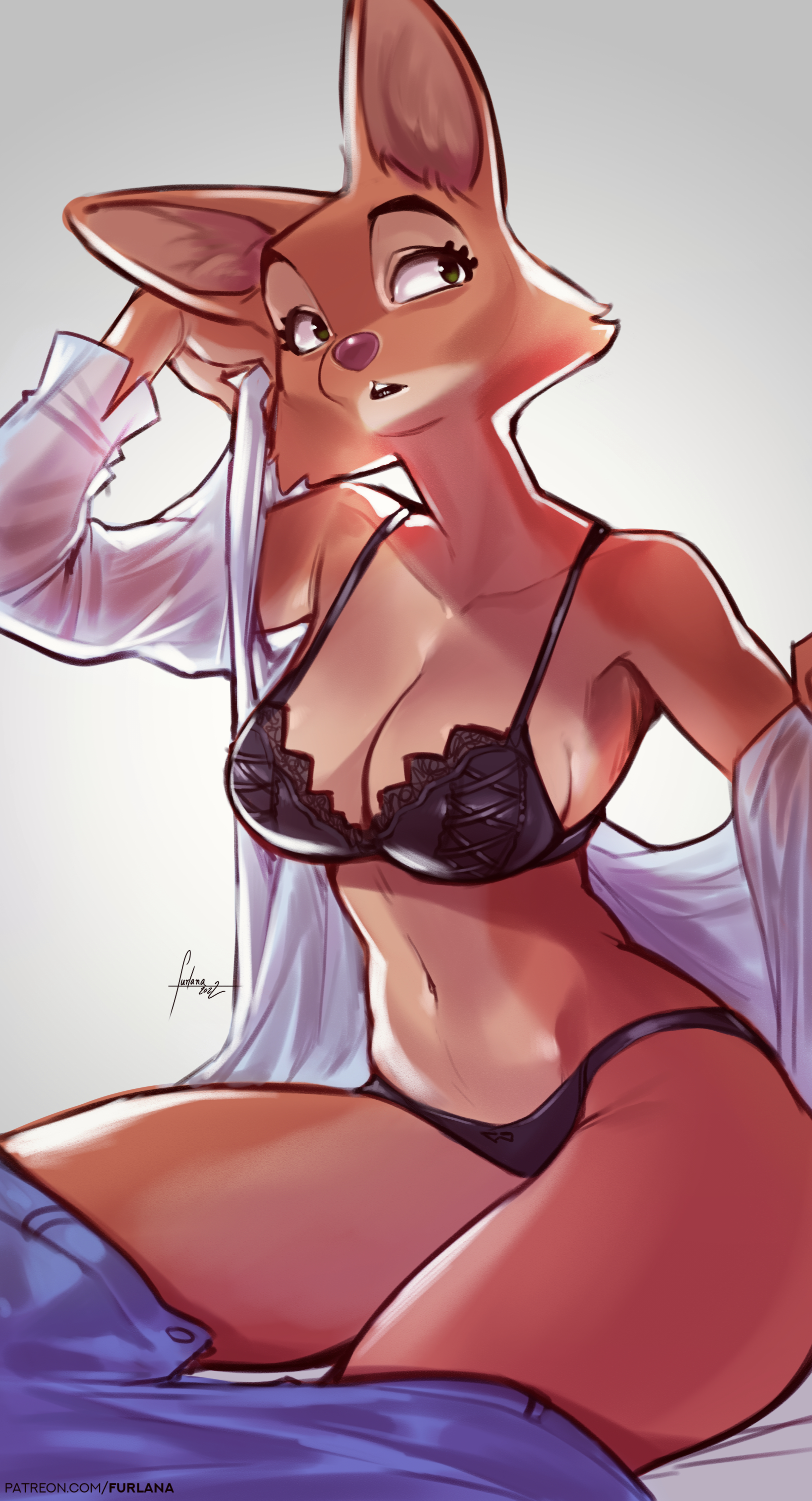 2022, anthro, artist name, artist signature, belly button, black bra, black eyes, black panties, bra, breasts, canine, diane foxington, dreamworks, eyebrows, eyelashes, female, fox, fox ears, furlana, humanoid, lingerie, mammal, multicolored fur, office lady, open mouth, orange fur, panties, patreon username, shirt, solo, teeth, the bad guys, thighs, url, white background, white sclera, white shirt