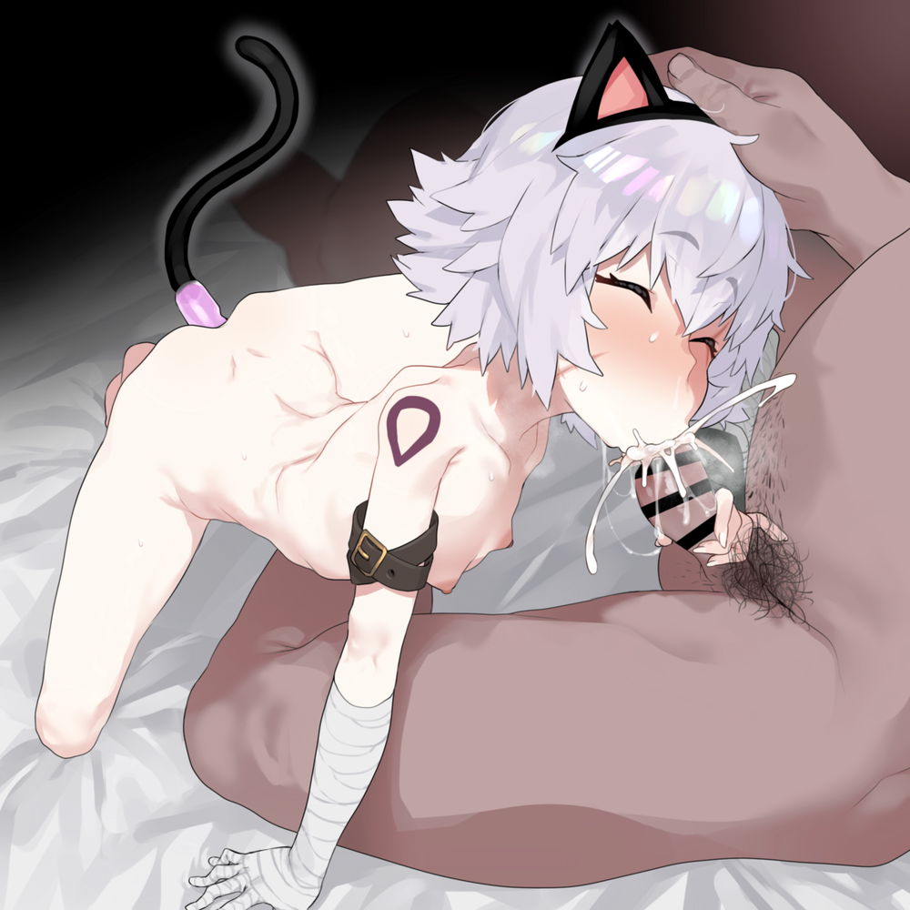 1boy :>= anal_tail animal_ears arm_belt ass bandaged_arm bandages black_gloves blush cat_ears cat_tail censored collagen fake_tail fate/apocrypha fate/grand_order fate_(series) fellatio female flat_chest flat_chested gloves green_eyes happy_sex jack_the_ripper_(fate/apocrypha) male naked nipples nude oral penis scar scar_across_eye scar_on_cheek scar_on_face sex_toy shoulder_tattoo single_glove straight sweat tail tattoo white_hair