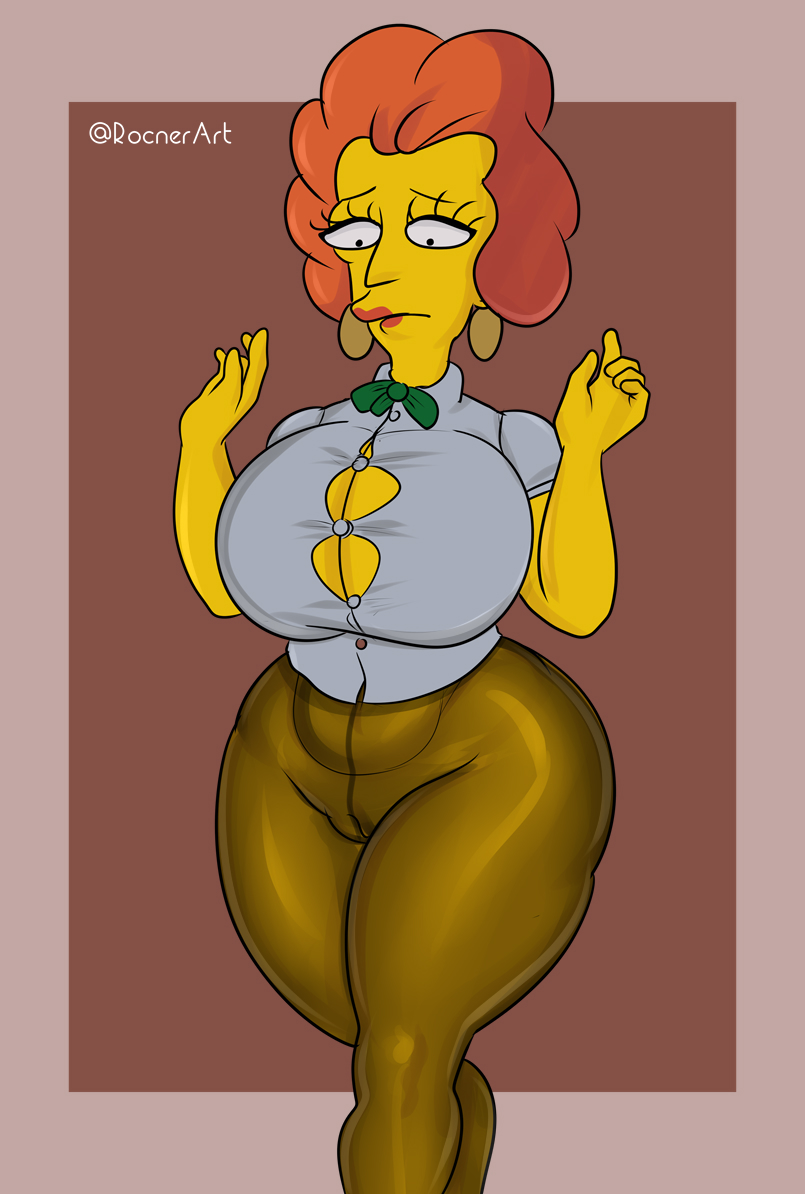 1girls, 20th century studios, accurate art style, auburn hair, big breasts, breasts, buttons, clothing, emily winthrop, eyelashes, female, female focus, female only, huge breasts, looking at breasts, massive breasts, mature female, orange hair, pantyhose, rocner, the simpsons, thick thighs, tight clothes, tight shirt, wide hips, yellow body, yellow skin