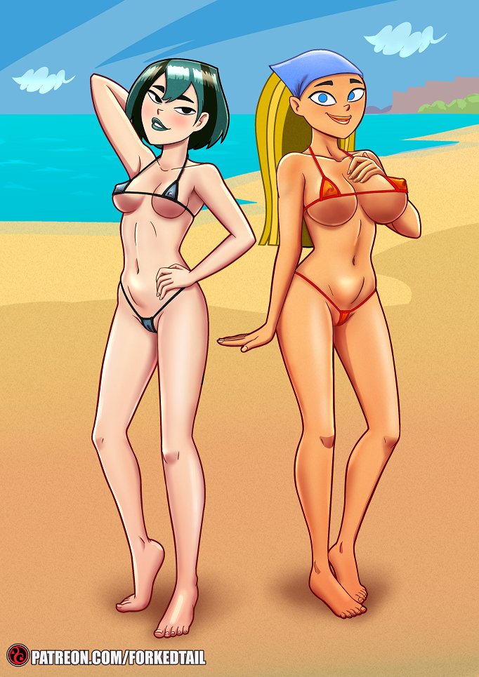 2girls, athletic, athletic female, beach, big breasts, bikini, blonde hair, breasts, busty, cameltoe, erect nipples, female, female focus, female only, forkedtail, full body, goth, gwen (tdi), hourglass figure, light skin, light-skinned female, lindsay (tdi), long hair, medium breasts, micro bikini, navel, nipple bulge, nipples, pale skin, pale-skinned female, pussy, total drama island, wide hips