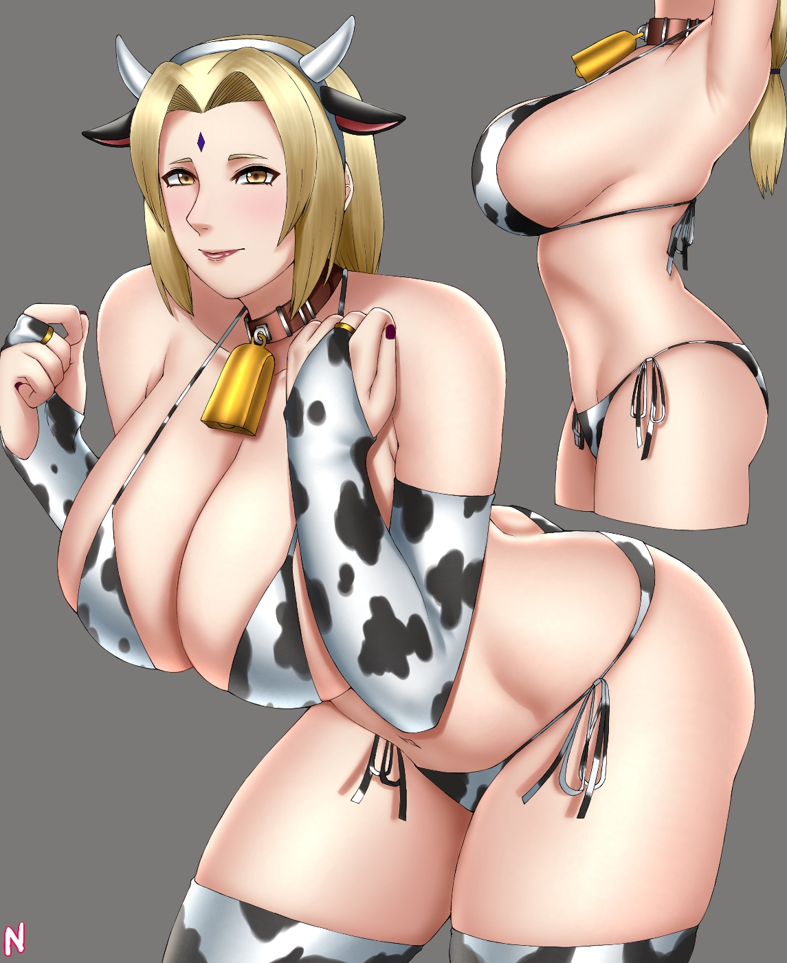 animal print, arm gloves, bent over, big breasts, breasts, bridal gauntlets, brown eyes, brown hair, choker, collar, cow bell, cow girl, cow print, cow print armwear, cow print bikini, cow print gloves, cow print legwear, cow print thighhighs, cropped legs, fake animal ears, female, female only, front view, gloves, hairband, huge breasts, lipstick, makeup, mature, mature female, multiple views, nail polish, naruto, naruto (series), naruto shippuden, nong, side view, side-tie bikini, sideboob, solo, solo focus, standing, thick thighs, tsunade, voluptuous, wide hips