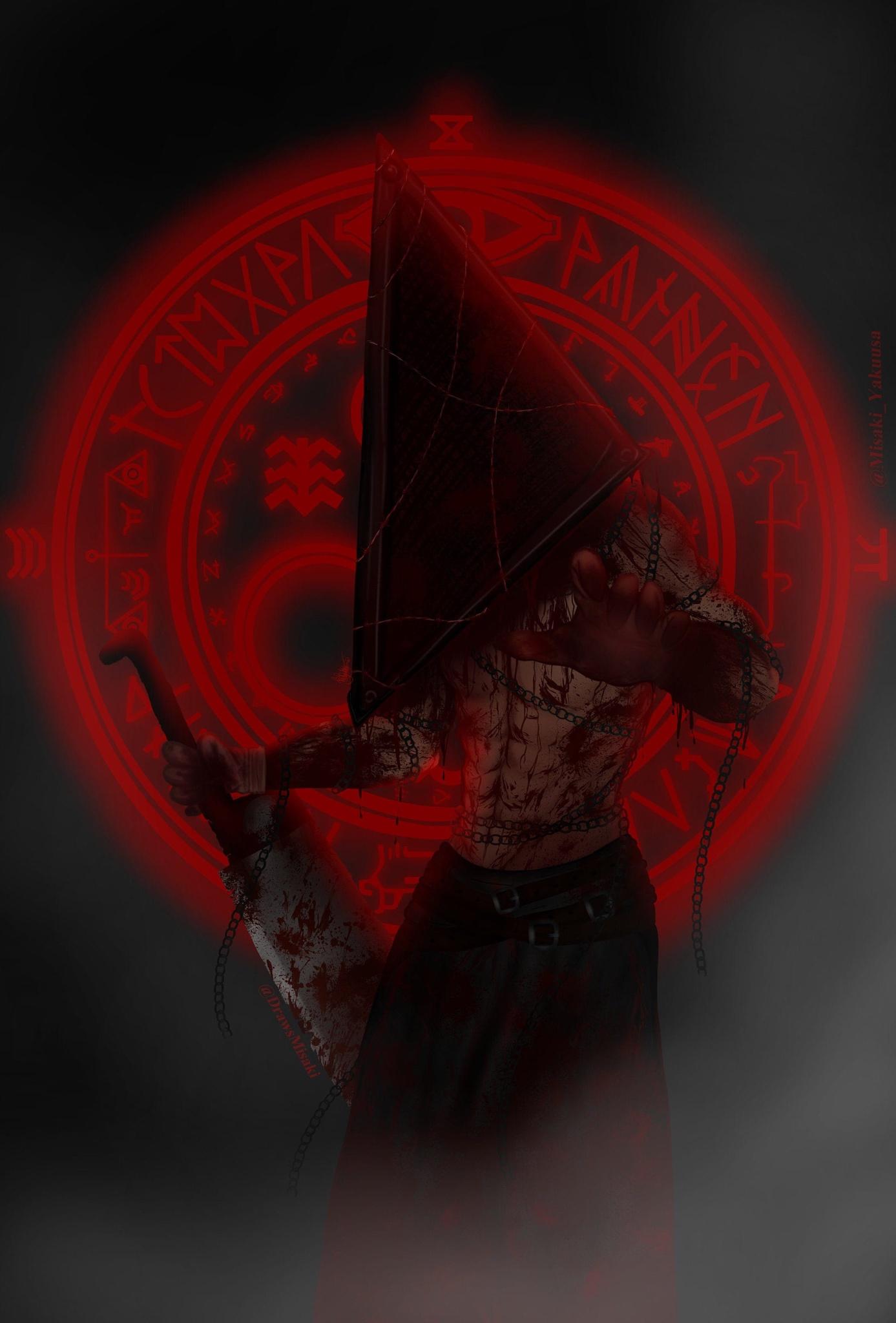 1boy abs blood blood_stain chains drawsmisaki killer male male_only monster muscular muscular_male pentegram pyramid_head satanic silent_hill solo weapon