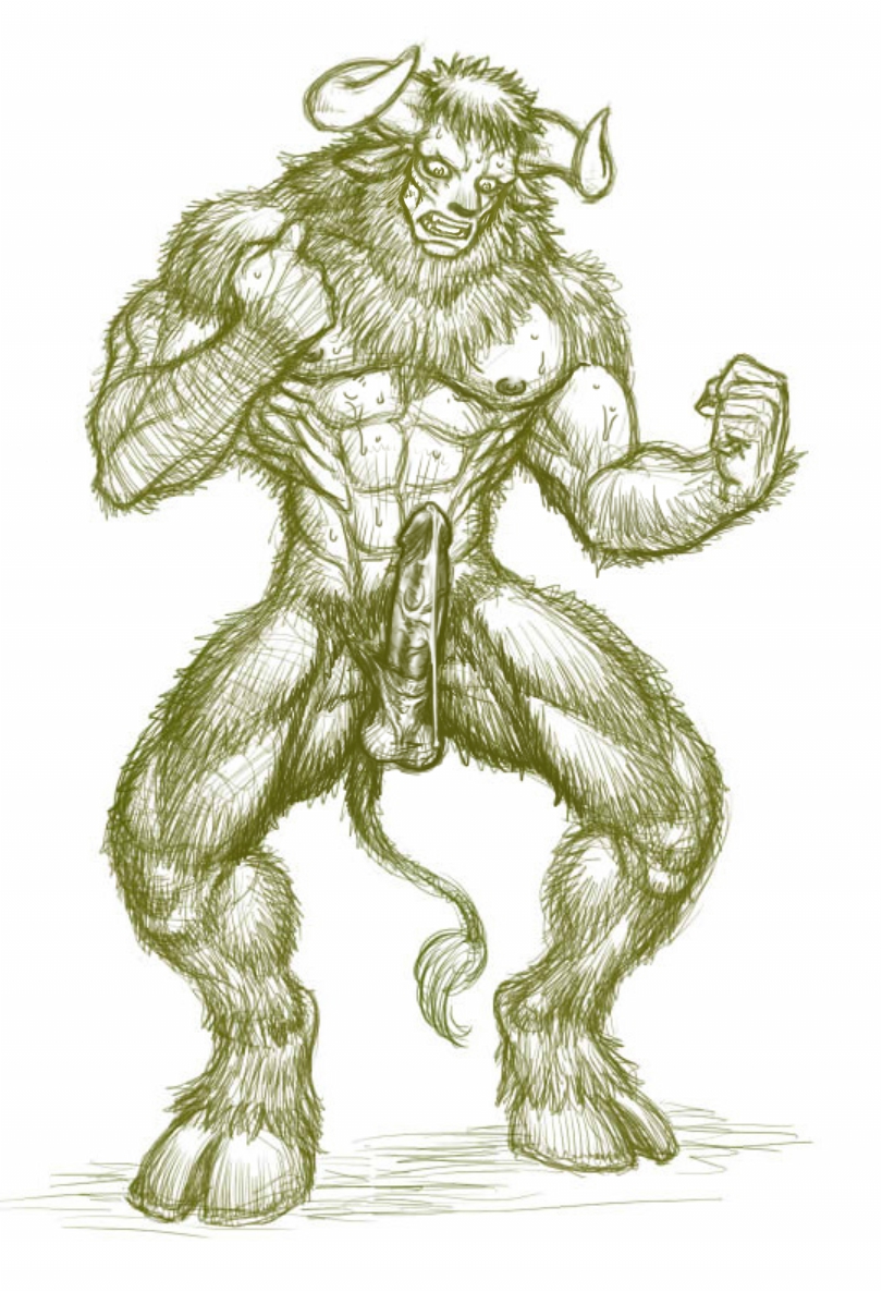 1boy animal_genitalia animal_penis anthro armpit_hair big_muscles bodily_fluids body_hair bovid bovine cidius equine_penis european_mythology genital_fluids genitals greek_mythology hooves horn human hybrid_genitalia hybrid_penis male male_only mammal mid_transformation minotaur muscular muscular_male mythology neck_tuft nipples penis precum precum_string sheath solo solo_male sweat tuft