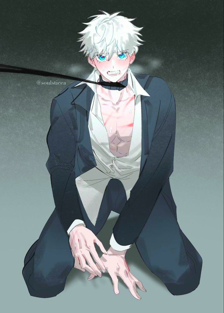 1boy, all fours, bishonen, blue eyes, blush, jujutsu kaisen, looking at viewer, male, male only, malesub, on all fours, on knees, satoru gojo, school uniform, schoolboy, submissive, submissive male, top view, uncensored, white hair, y/n