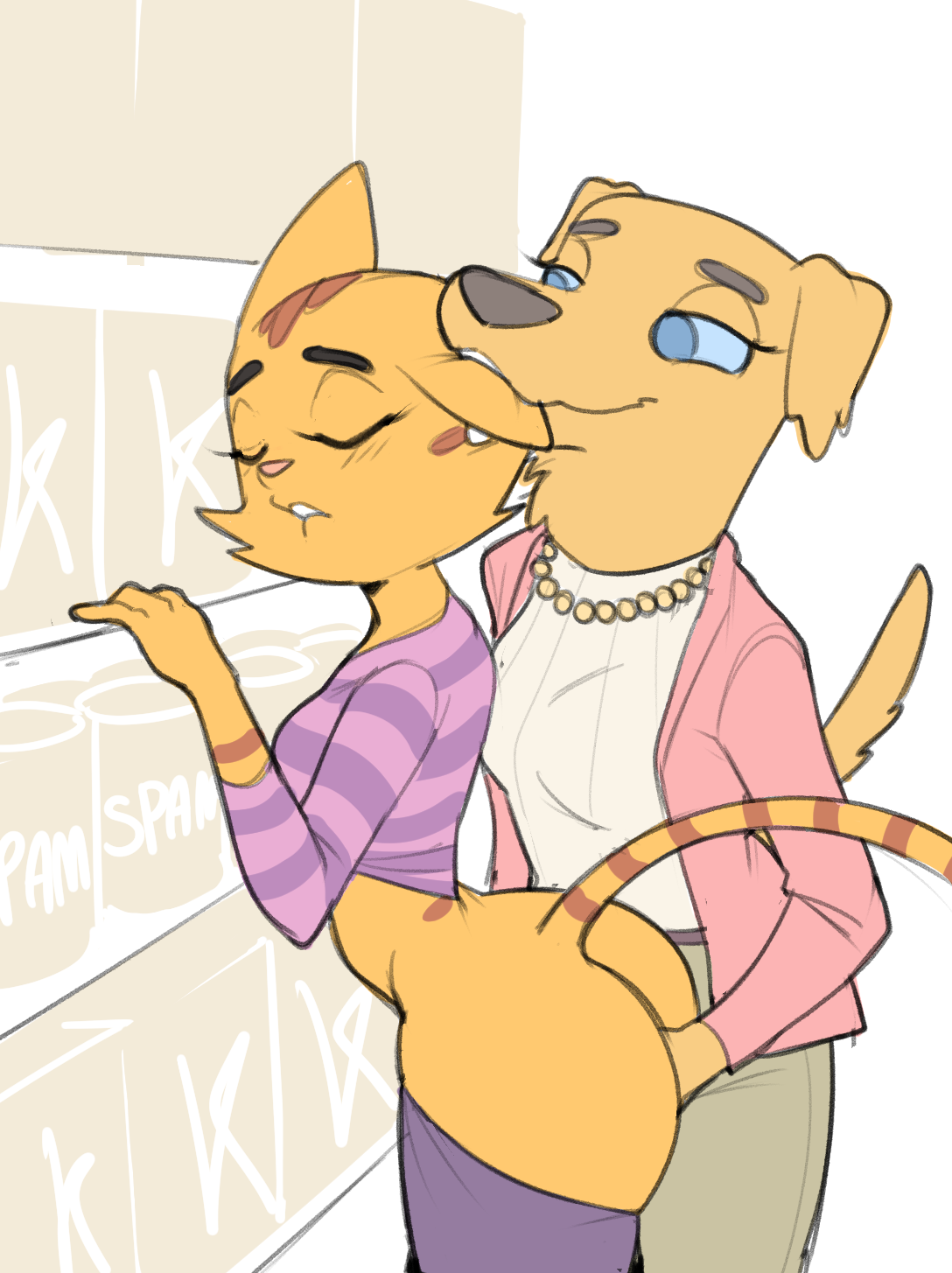 2girls, anthro, ass, bird dog, blue eyes, blue sclera, blush, blush lines, bottomwear, bottomwear down, canid, canine, canis, closed eyes, clothed, clothing, dbaru, domestic cat, domestic dog, ear nibble, english text, felid, feline, felis, female, female only, female/female, fingering, fran (litterbox comics), fully clothed, fur, gem, golden retriever, half-closed eyes, hi res, hunting dog, jewelry, litterbox comics, looking at another, looking pleasured, mammal, mature anthro, mature female, multiple females, multiple girls, narrowed eyes, necklace, nibbling, pants, pants down, partially clothed, pearl (gem), pearl necklace, public, public sex, retriever, striped body, striped fur, stripes, text, webcomic, yuri