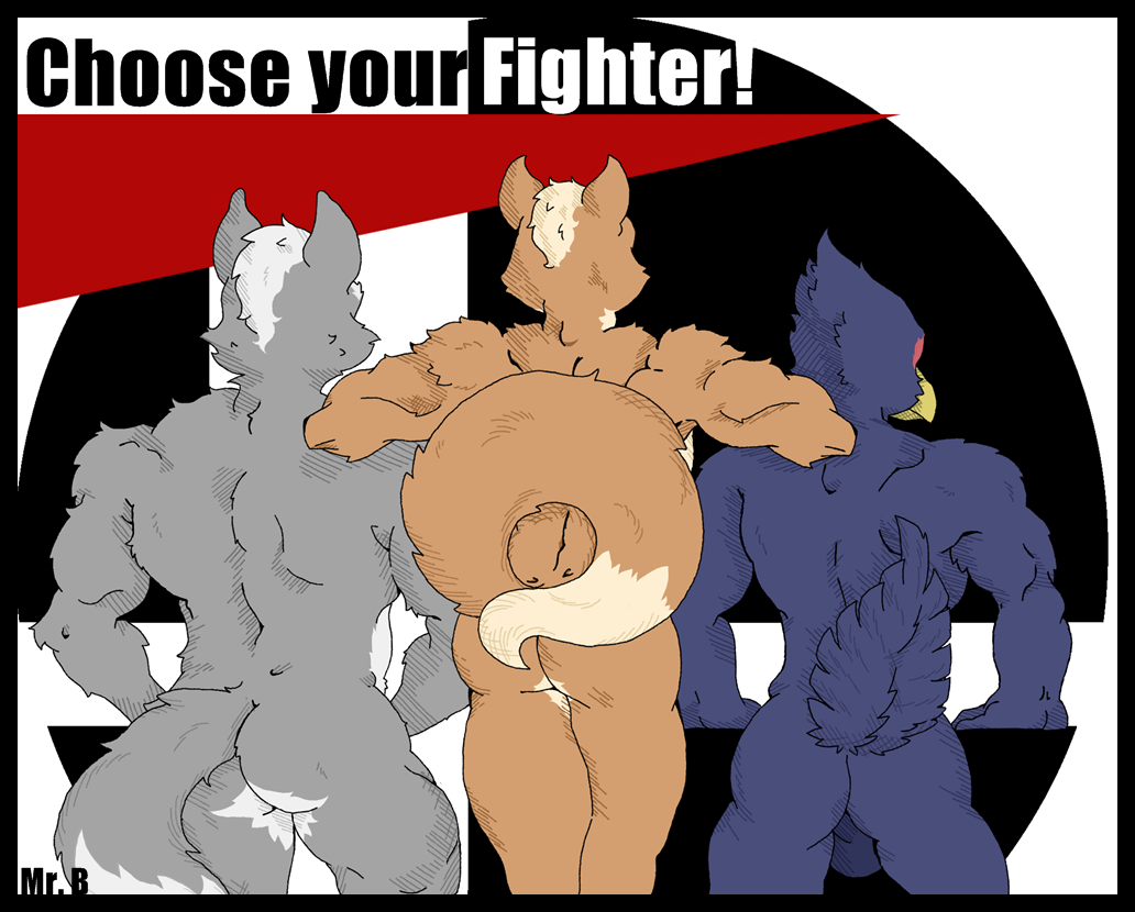 anthro ass avian balls barely_visible_genitalia bird canid canine canis falco_lombardi feathers fox fox_mccloud fur furry genitals group male male/male mammal mr._brapion muscular muscular_anthro muscular_male nintendo presenting presenting_hindquarters star_fox super_smash_bros. trio video_games wolf wolf_o'donnell