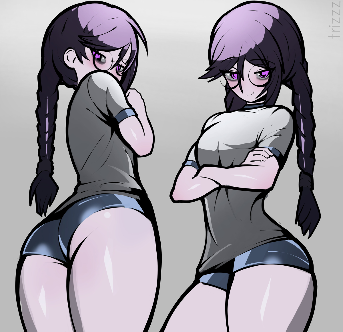 1girls, 2022, artist name, ass, bangs, braided hair, braids, danganronpa, danganronpa: trigger happy havoc, digital media (artwork), female, female focus, female only, fukawa touko, glasses, gradient background, gym uniform, light skin, light-skinned female, long hair, looking back, medium ass, pale skin, pale-skinned female, purple eyes, purple hair, rear view, shiny, shiny skin, shirt, shorts, smooth skin, solo, solo female, solo focus, thick thighs, thighs, trizzz, twin braids