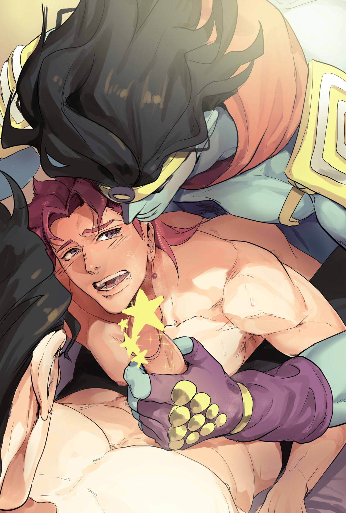 3boys black_hair censored gay handjob jojo's_bizarre_adventure jotaro_kujo male male_only masturbation mmm_threesome noriaki_kakyoin red_hair selfcest stand stand_(jjba) standcest star_platinum stardust_crusaders thick_penis threesome yaoi