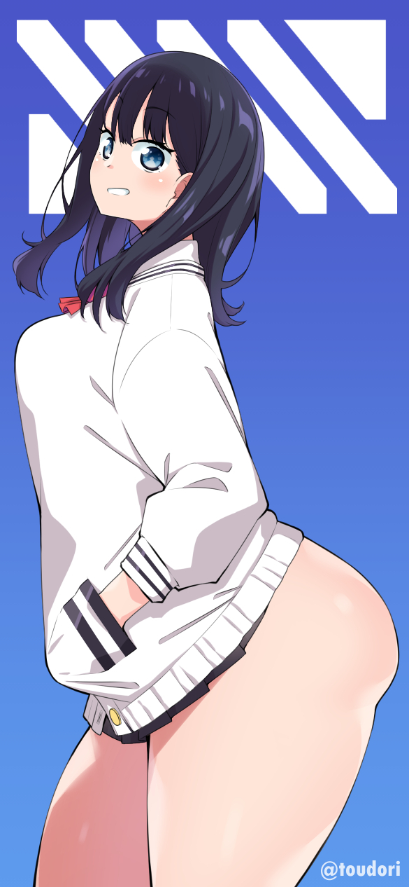 ass black_hair blue_background blue_eyes cowboy_shot eyebrows_visible_through_hair female from_side gridman_universe grin hands_in_pockets highres huge_ass logo long_hair long_sleeves looking_at_viewer miniskirt no_panties pleated_skirt school_uniform simple_background skirt smile solo ssss.gridman takarada_rikka thick_thighs thighs toudori