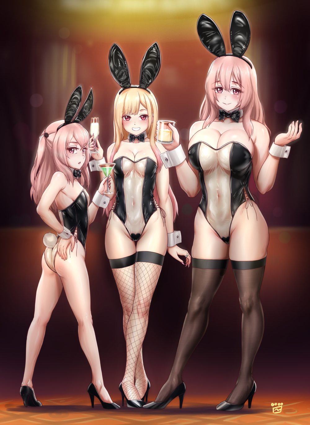 3girls ass big_breasts blonde_hair bowtie breasts bunny_ears bunny_girl bunny_tail bunnysuit drink earrings female female_only finalcake fishnet_stockings fishnets gyaru heels high_heels inui_sajuna inui_shinju kitagawa_marin larger_female legwear leotard long_fingernails long_hair medium_breasts piercing pink_eyes pink_hair sisters size_difference small_breasts smaller_female sono_bisque_doll_wa_koi_wo_suru standing thick_thighs thighhighs thighs transparent_bunnysuit