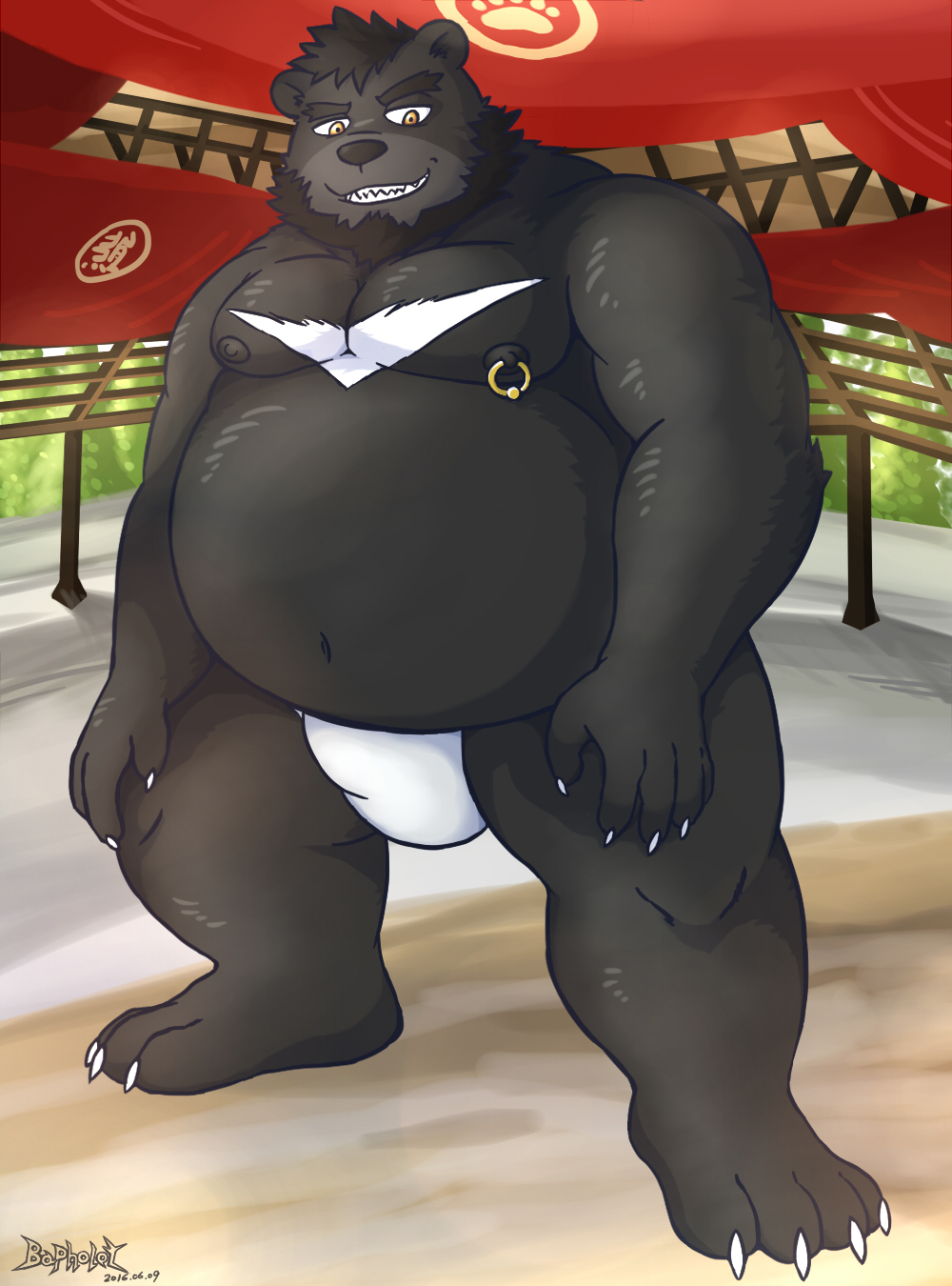 2016 anthro asian_clothing belly big_belly black_body black_nose clothing east_asian_clothing fundoshi hi_res humanoid_hands japanese_clothing kemono male mammal mtflying30371 overweight overweight_male solo solo_male sumo underwear ursid white_clothing white_fundoshi white_underwear