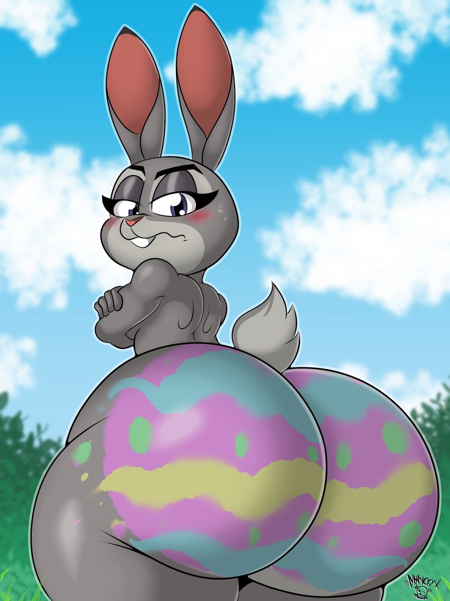 2022 anthro ass big_butt blush bodypaint cloud day disney easter easter_butt female fingers hi_res holidays huge_butt judy_hopps lagomorph leporid looking_at_viewer looking_back looking_back_at_viewer mammal mrxrickyx nude outside painted_butt purple_eyes rabbit scut_tail short_tail solo uncensored zootopia