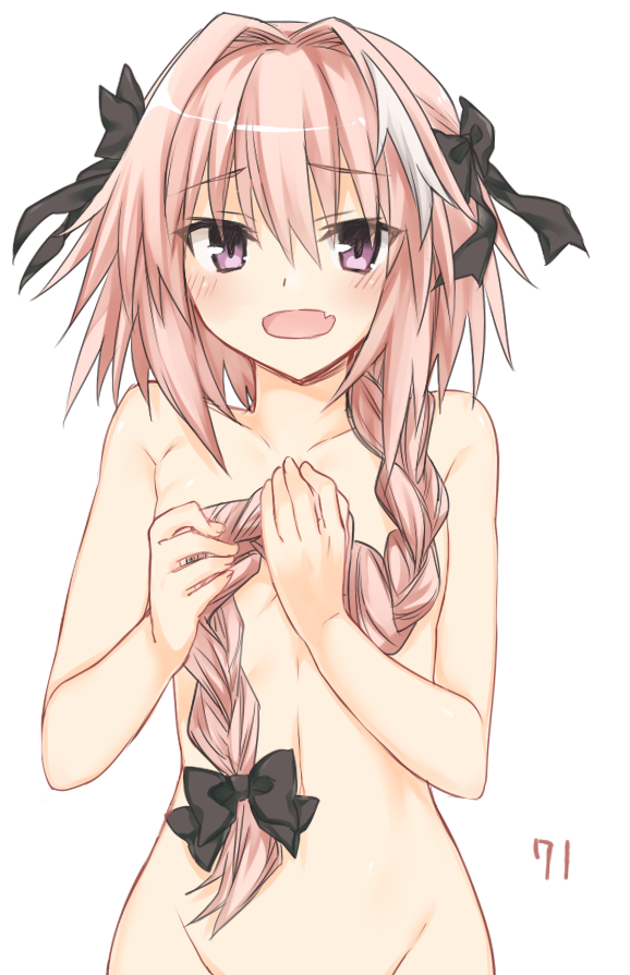 1boy, astolfo (fate), blush, fate (series), fate/apocrypha, fate/grand order, femboy, looking at viewer, male, naked, pink hair, trap