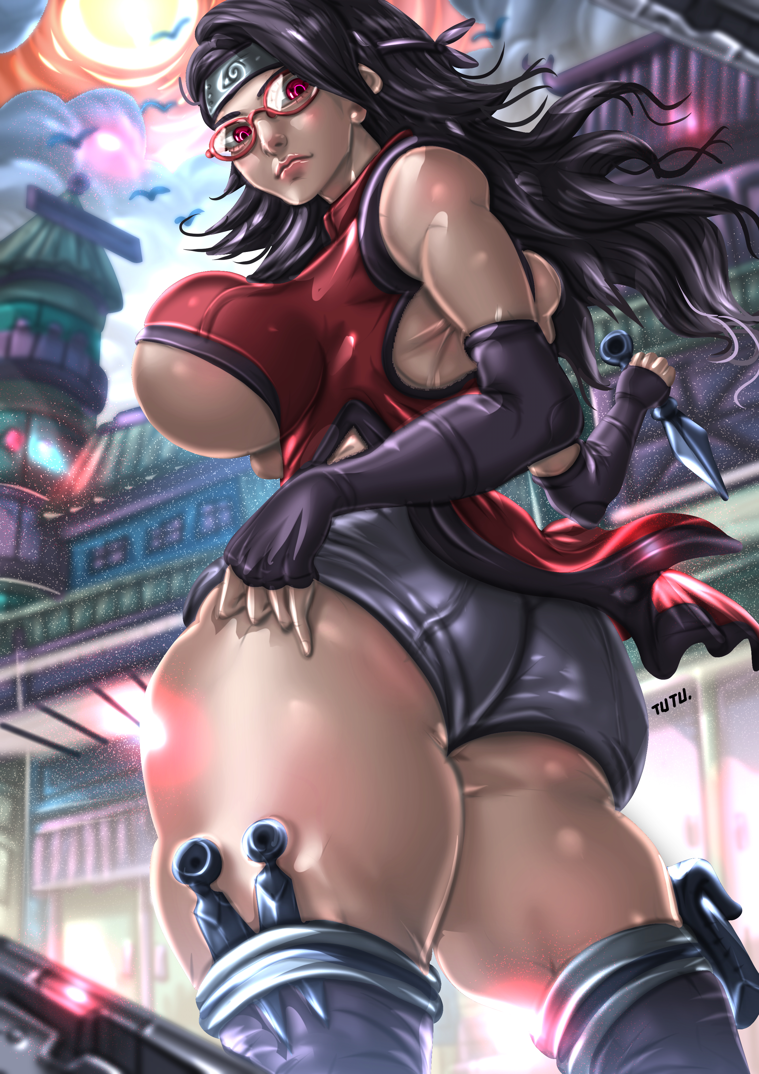 1girls, aged up, alternate hair length, armwear, ass, ass focus, big breasts, bimbo, black hair, blush, boots, booty shorts, boruto: naruto next generations, breasts, bubble ass, bubble butt, busty, cleavage, clothed, clothing, curvaceous, curvy, curvy figure, detailed background, elbow gloves, female, fingerless gloves, footwear, glasses, gloves, knee boots, kneehighs, kunai, large breasts, light skin, light-skinned female, lips, lipstick, long hair, looking at viewer, looking down, naruto, naruto (series), outdoors, outside, perky breasts, pink lips, pink lipstick, pinup, red eyes, revealing clothes, sarada uchiha, sharingan, short shorts, shorts, shounen jump, skimpy, skimpy clothes, sleeveless shirt, solo, solo female, solo focus, thick thighs, thighs, tutu rawjue tsu, underboob, voluptuous, weapon