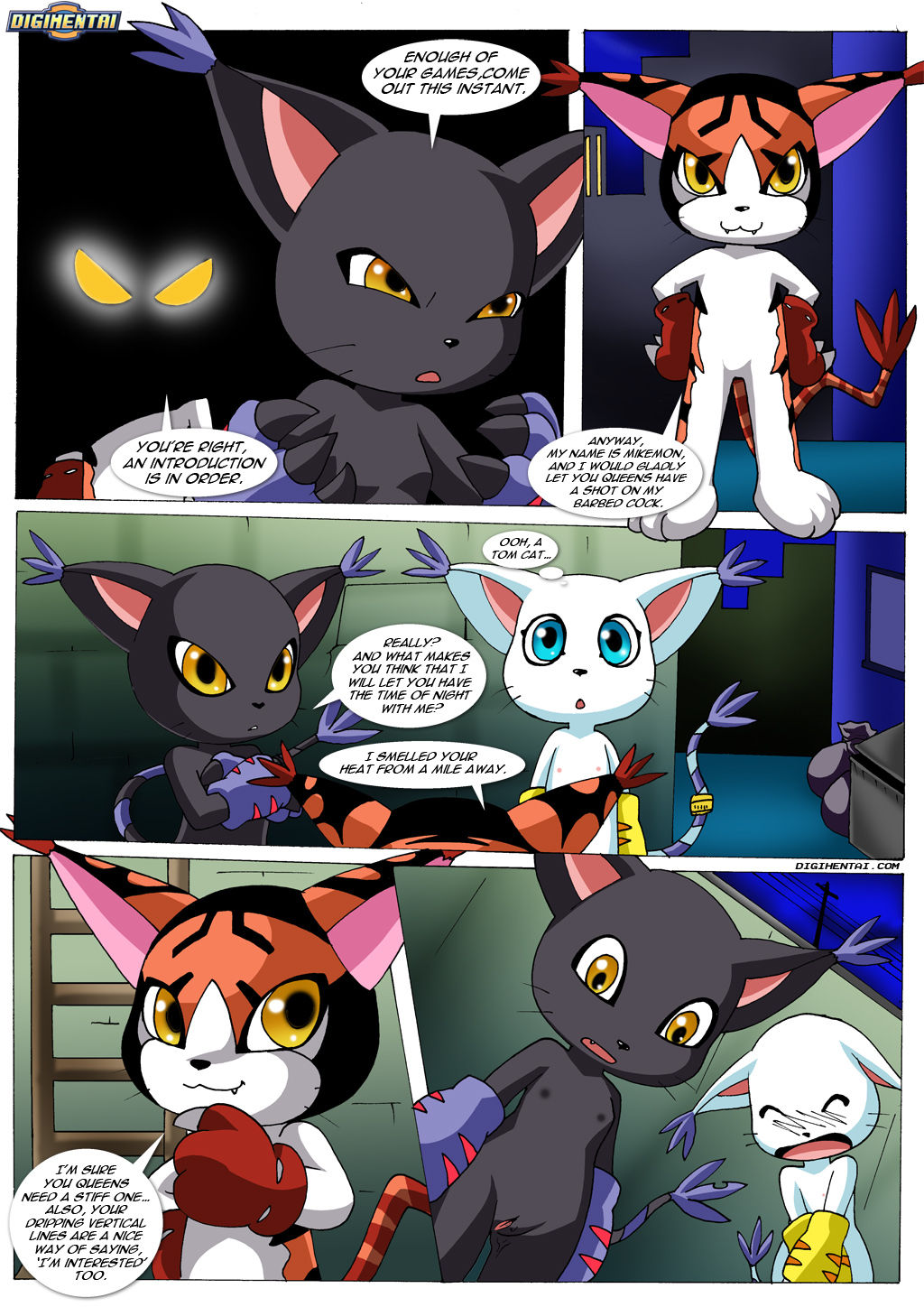 1boy 2girls bbmbbf blackgatomon breasts comic comic_page digihentai digimon female gatomon gatomon_in_heat male mikemon palcomix pussy pussy_juice small_breasts