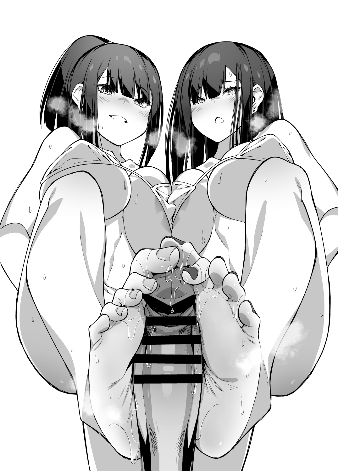 black and white, feet, female, foot fetish, foot on penis, footjob, male, multiple females, multiple girls, penis