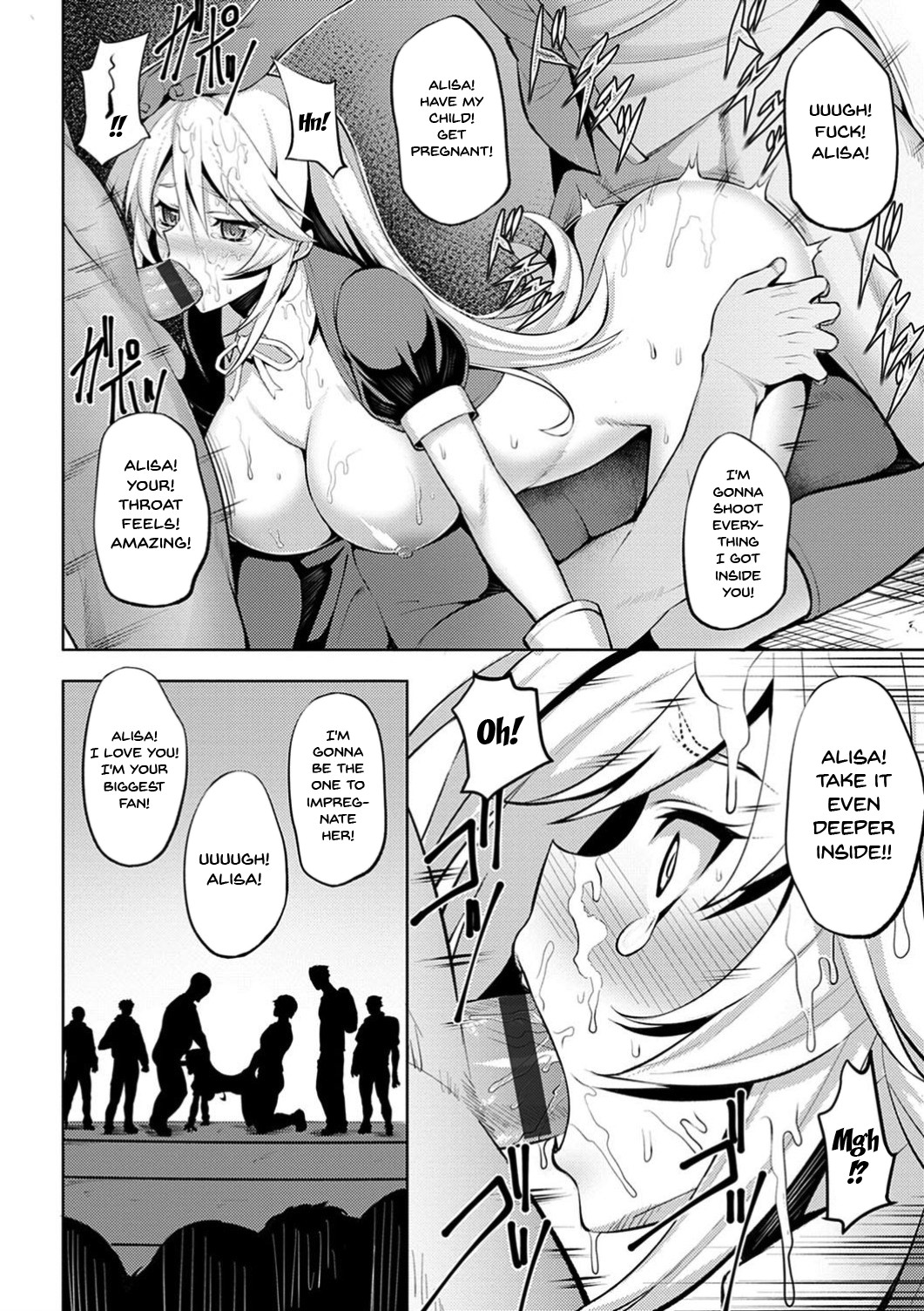 1girls 3boys anal anal_sex audience big_breasts black_and_white blowjob breasts censored cleavage cum deepthroat dirty_talk doggy_style double_penetration doujinshi english_text idol jonylaser large_breasts long_hair moaning nipples open_mouth oral penis rape ribbon sex spitroast teeth teeth_showing text text_bubble throat_fuck vaginal_penetration