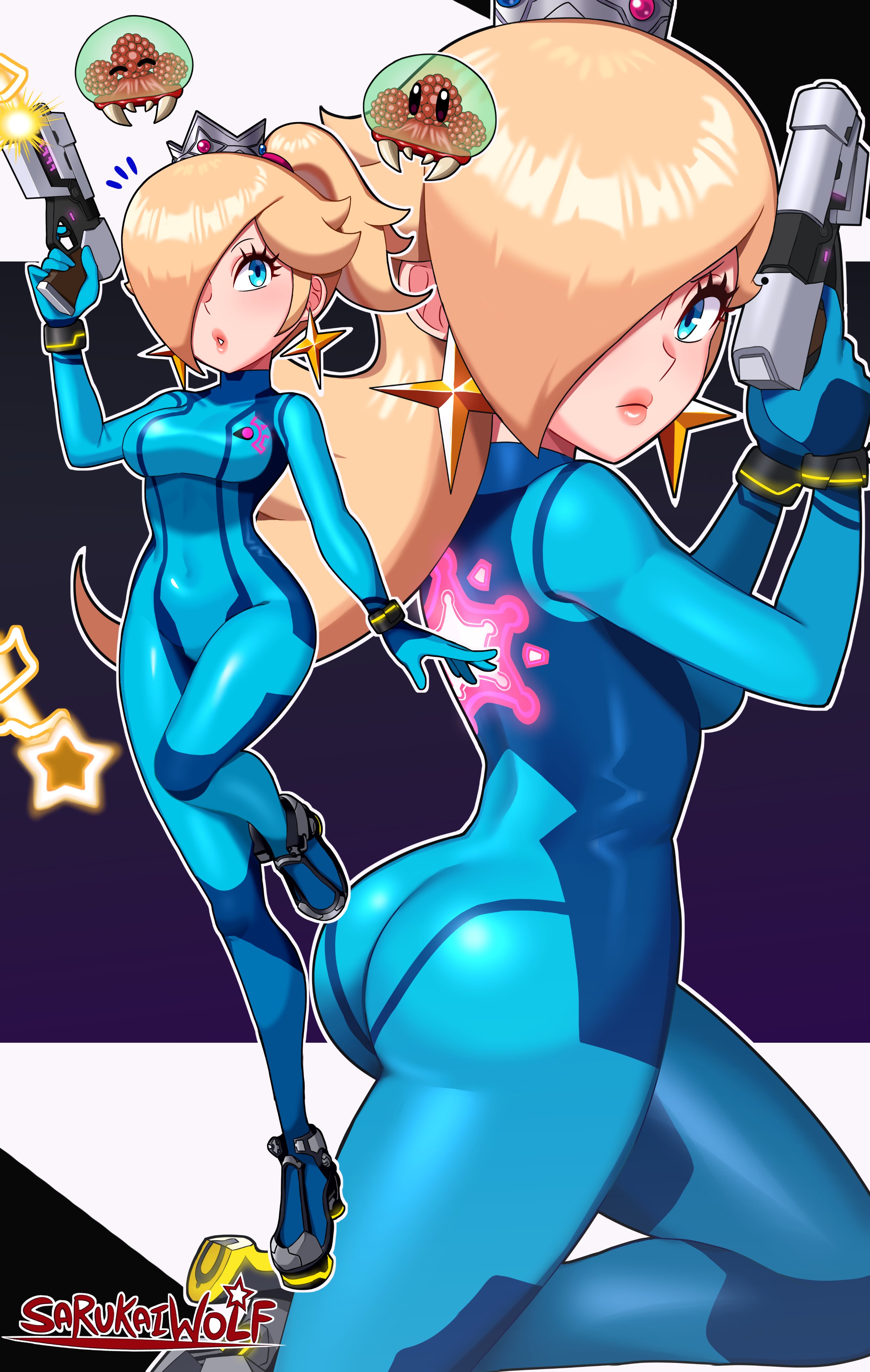 1girls, ass, big ass, blonde hair, blue eyes, breasts, crossover, female, female only, fully clothed, hair over one eye, looking at viewer, mario (series), metroid, metroid (creature), multiple views, nintendo, paralyzer, ponytail, princess rosalina, samus aran (cosplay), sarukaiwolf, shiny clothes, skin tight, solo, solo female, super mario galaxy, tagme, tight clothing, weapon, wide hips, zero suit