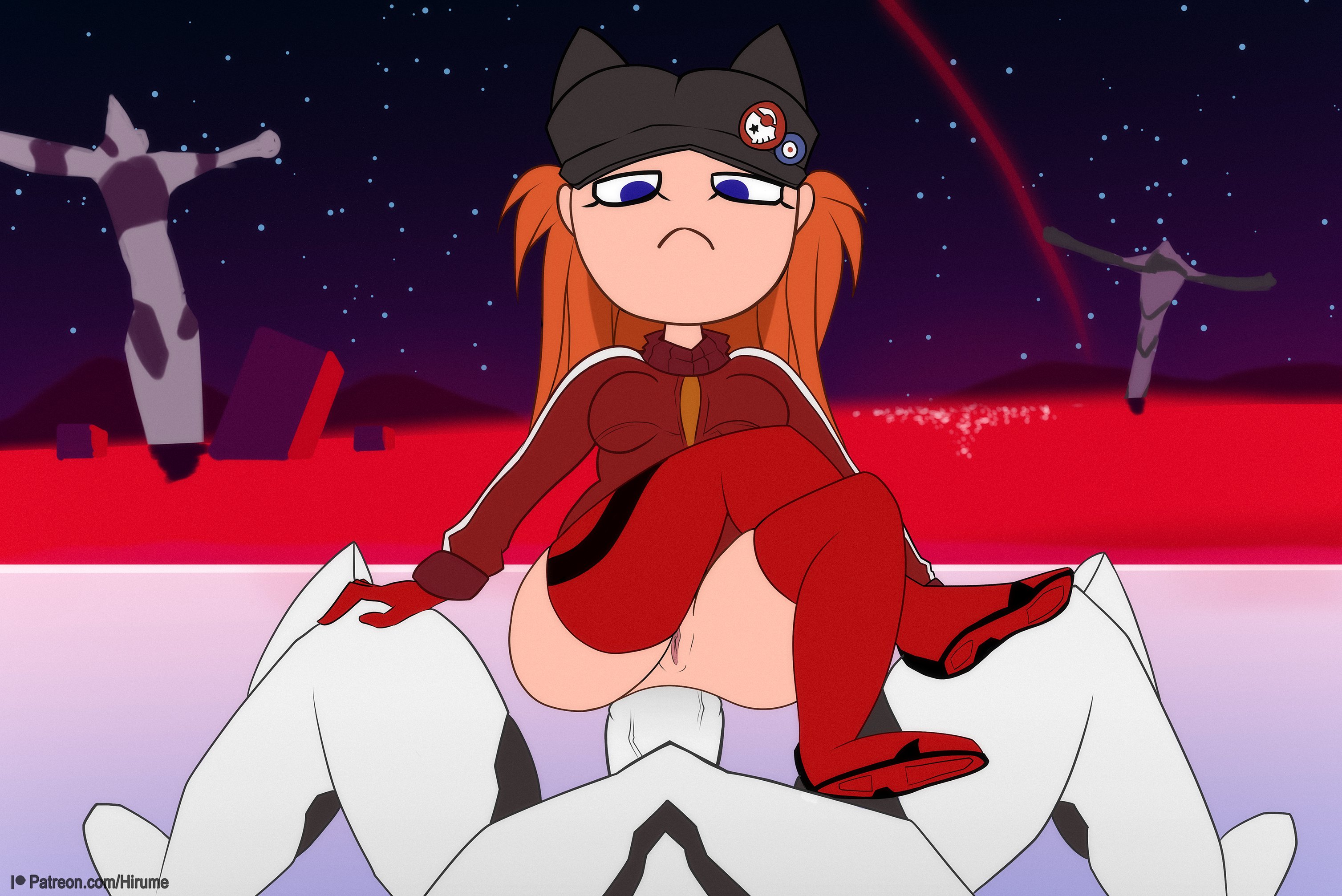 anal, ankha ride (minus8), asuka langley sohryu, blue eyes, clothed sex, cowgirl position, crossed legs, female, female focus, female on top, gloves, hi res, hirume, long hair, looking at viewer, looking down, mass production eva, meme, monster, neon genesis evangelion, night sky, orange hair, parody, pussy, size difference, thighhighs