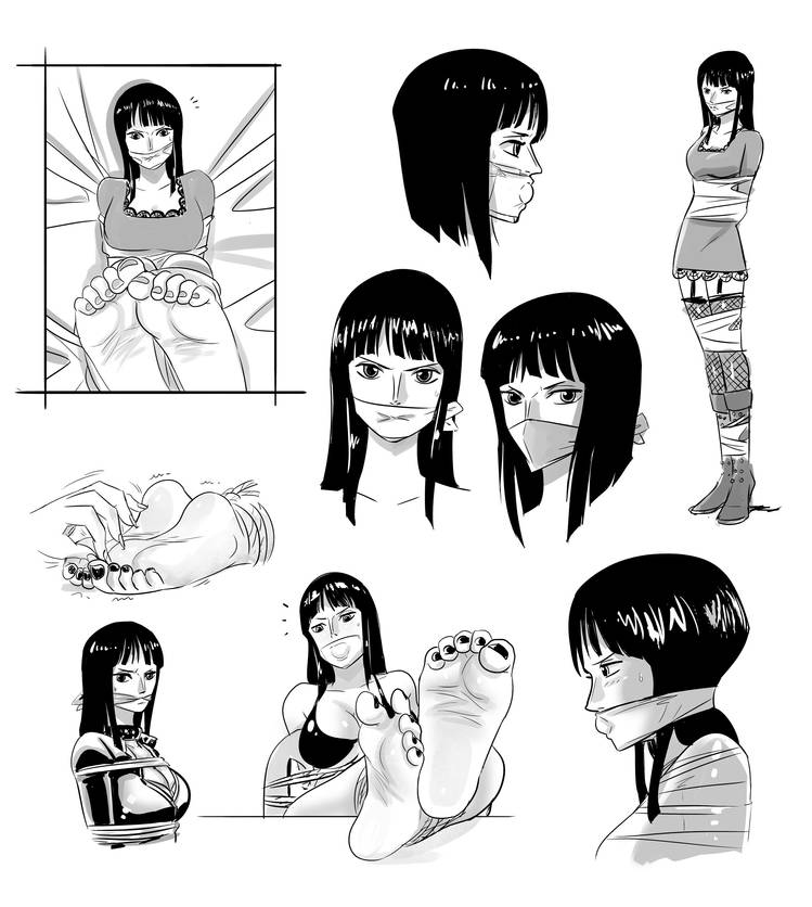 artist_request black_hair blue_eyes bondage cleave_gag cloth_gag feet feet_on_table feet_up female female_only foot_fetish foot_focus gag nico_robin one_piece pirate pre-timeskip rope_bondage sweat tape_bondage thriller_bark tickling toe_curl toe_scrunch toenail_polish water_7