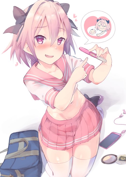 1boy astolfo_(fate) blush curvy cute fate/apocrypha fate/grand_order fate_(series) femboy fully_clothed looking_at_viewer male male_only male_pregnancy p_answer pink_hair pregnancy_test testicular_cancer thick_thighs thighhighs trap