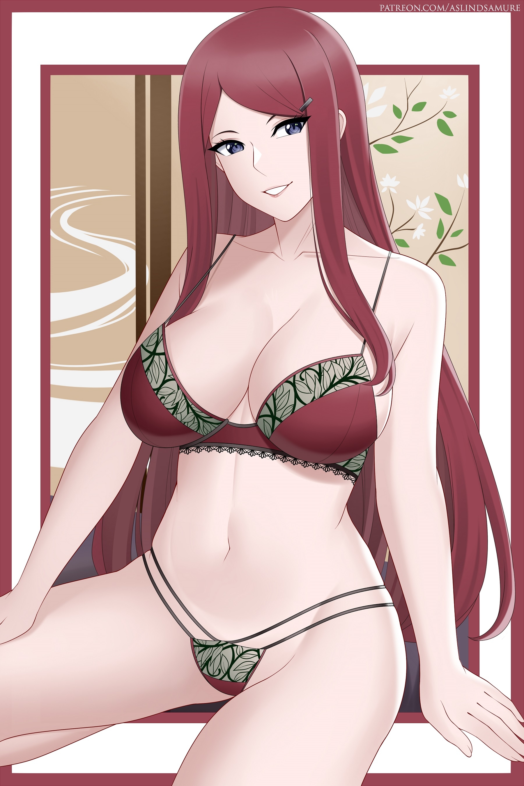 1girls, aslindsamure, belly button, big breasts, bra, breasts, busty, cleavage, female, female focus, female only, g-string, hairclip, highres, large breasts, light skin, light-skinned female, lingerie, lips, lipstick, long hair, looking at viewer, naruto, naruto (series), naruto shippuden, pale skin, pale-skinned female, panties, parted lips, pink lips, pink lipstick, pinup, pose, posing, red bra, red hair, red lingerie, red panties, red thong, redhead, shounen jump, sitting, smile, smiling, solo, solo female, solo focus, teeth, thighs, thong, uzumaki kushina, very long hair, voluptuous, wide hips