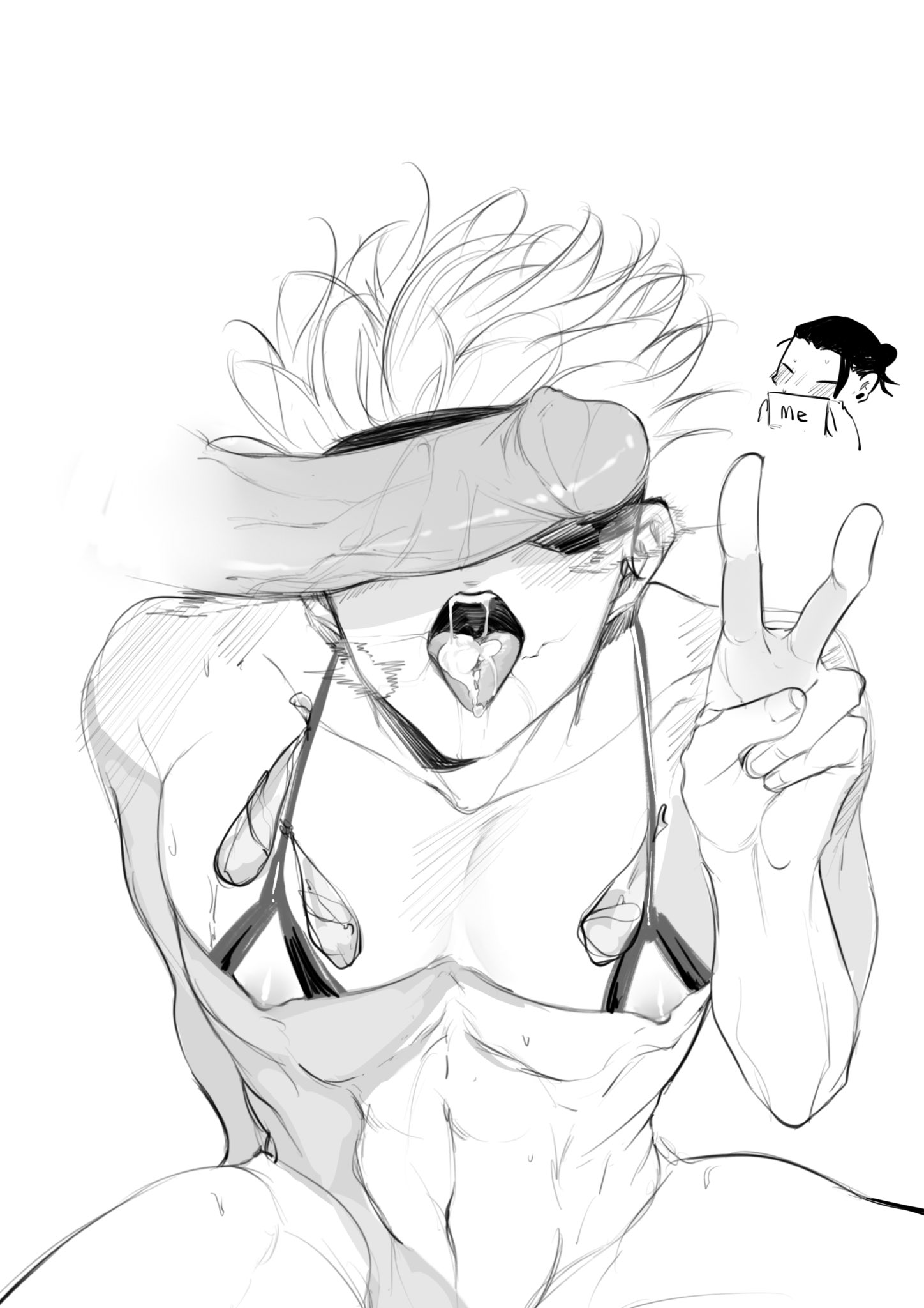 2boys, ambush (trap), androgynous, ass, athletic, athletic male, bara, big penis, blindfold, blue eyes, blush, bra, breasts, bulge, cock worship, crossdressing, cum in mouth, femboy, fingerless gloves, gay, gay sex, gloves, jujutsu kaisen, male, male focus, male only, male/male, moy64904958, muscular, muscular chest, muscular male, nipples, pecs, penis, penis on face, penis worship, satoru gojo, solo, suguru geto, tongue, tongue out, transparent clothing, trap, visible breath, yaoi