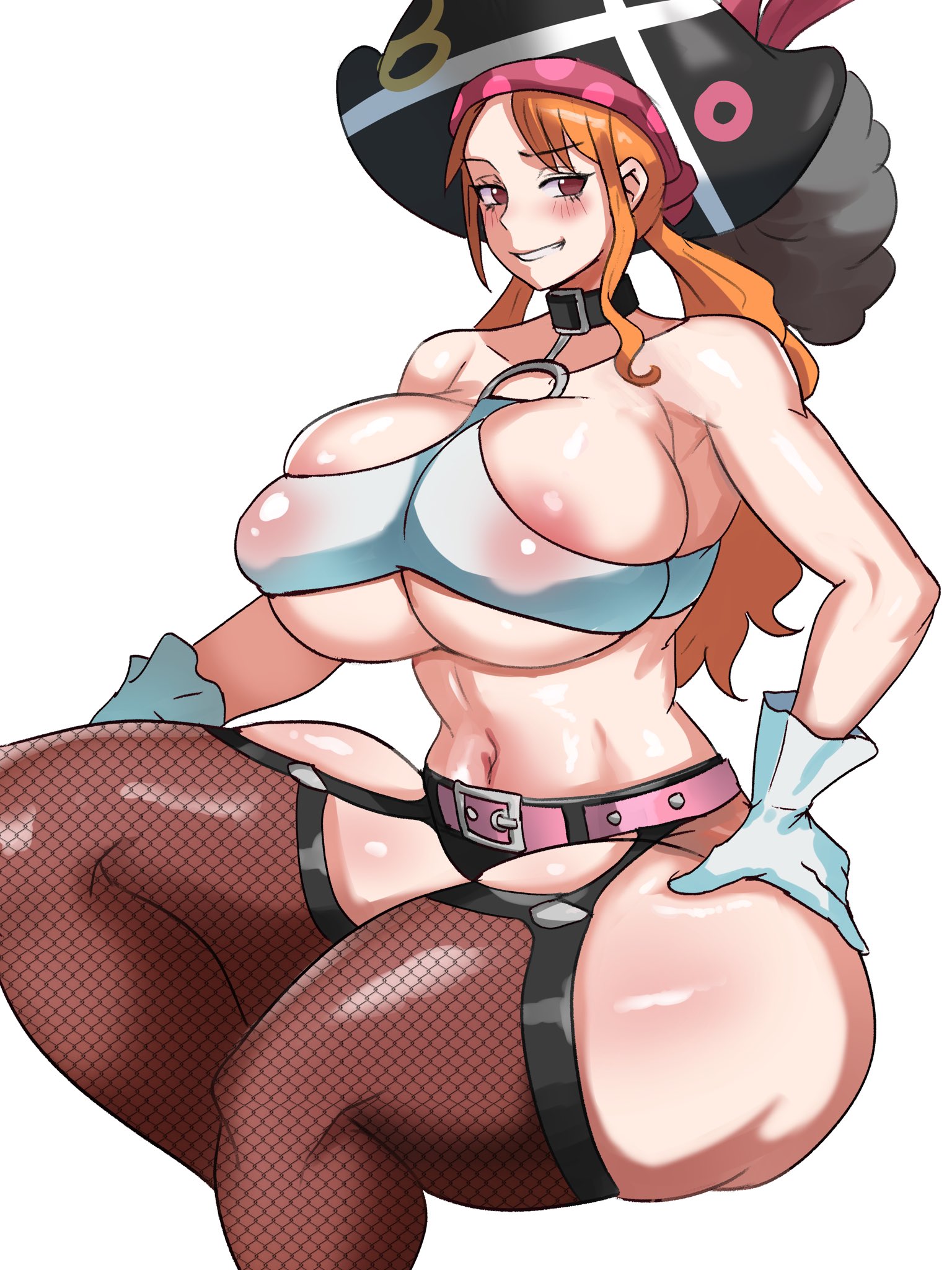 1girls, 2022, ass, barely contained, blush, breasts, brown eyes, female, female only, fishnet legwear, hat, hips, huge ass, huge breasts, huge thighs, long hair, looking at viewer, nami (one piece), naughty face, nipples visible through clothing, one piece, one piece film red, orange hair, pirate, pirate hat, skindentation, smile, thick thighs, thighhighs, thighs, thunder thighs, wide hips, ytrall