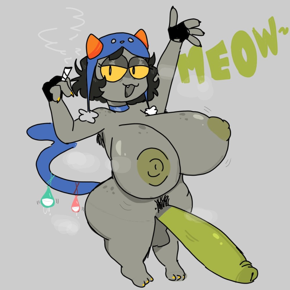 1futa, 2022, areolae, armpit hair, armpits, ass, balls, barefoot, big ass, big breasts, big penis, black hair, breasts, cat girl, catgirl, choker, condom, condom balloon, dialogue, drugs, errorplush, fang, female, fingerless gloves, futa only, futanari, green nipples, green penis, grey background, grey skin, hat, homestuck, horns, huge breasts, huge cock, intersex, looking at viewer, ms paint adventures, nepeta leijon, nipples, nude, open mouth, penis, pubic hair, short hair, shortstack, smoking, solo, standing, steam, tail, testicles, text, thick thighs, troll, wide hips, yellow eyes, yellow nails