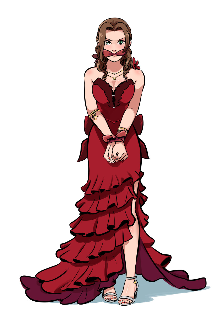 absurdres, aerith gainsborough, angry, armband, bare shoulders, bondage, bound, bound wrists, bow, breasts, brown hair, cleavage, cleave gag, cloth gag, dress, female, female focus, final fantasy, final fantasy vii, final fantasy vii remake, gag, gagged, green eyes, hairbow, high heels, highres, improvised gag, jewelry, long dress, long hair, looking at viewer, lostonezero, nail polish, necklace, official alternate costume, red bow, red dress, red nails, red toenails, restrained, ribbon, simple background, sleeveless, solo, square enix, star (symbol), toenail polish, toenails, toes, white background