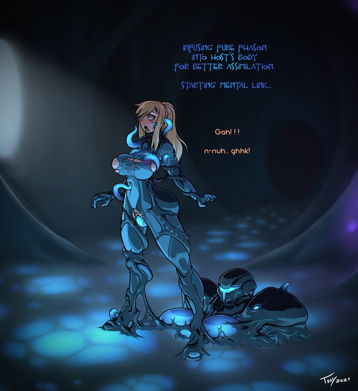 1girls, 2021, big breasts, big clitoris, blonde hair, blue tentacles, blush, bodysuit, bondage, brain fuck, breast expansion, breast growth, breast growth (enlargement), breasts, clitoris, clothing, corruption, cum in ear, dark samus, dated, ear penetration, english text, expansion, female, female only, light skin, light-skinned female, long hair, metroid, mind break, open mouth, pale skin, pale-skinned female, penetration, pussy, rape, restrained, samus aran, signature, slime, solo, spread legs, tentacle, tentacle sex, tentacles, text, toby art, torn clothes, transformation, vaginal penetration, wardrobe malfunction