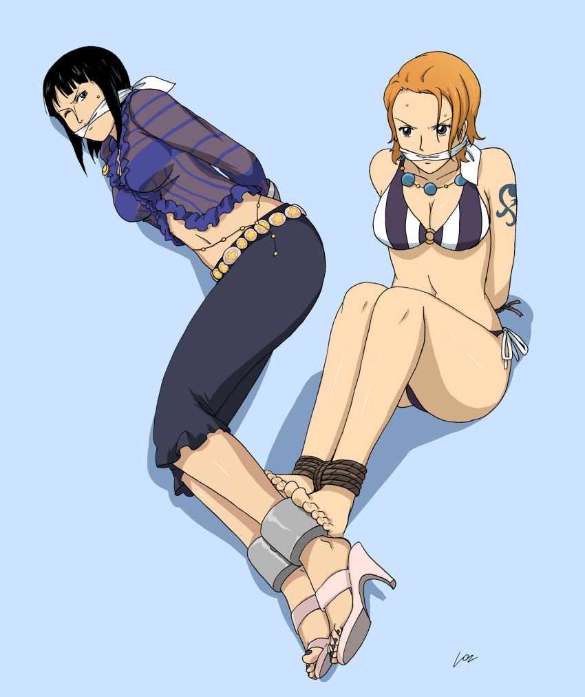 2girls, arm tattoo, black hair, black-haired female, blue eyes, blue tattoo, bondage, brown eyes, cleave gag, duo focus, feet, female, female only, gag, high heels, lostonezero, nami (one piece), nico robin, one piece, orange hair, orange-haired female, pirate, pre-timeskip, rope bondage, sweat, tattoo, thief, toenail polish