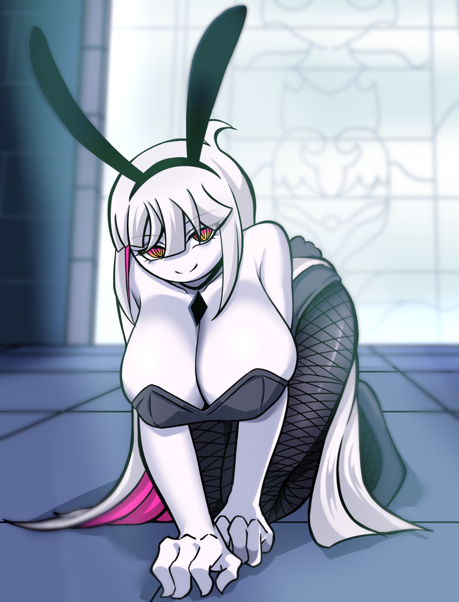 1girls, anonymous artist, ass, big ass, big breasts, breasts, bunny costume, bunny ears, bunny girl, bunny tail, bunnysuit, clothed, clothing, female, female focus, female only, fishnet, fishnet legwear, fishnets, fnf, fnf entity, fnf mod, fnf mods, friday night funkin, friday night funkin mod, friday night funkin: entity, fully clothed, fully clothed female, inner hair, long hair, looking at viewer, necklace, necklace between breasts, newgrounds, nikusa (sugarratio), pink inner hair, playboy bunny, pov, pov eye contact, smile, solo, solo female, solo focus, tagme, thick thighs, thighs, two-tone hair, unknown artist, white body, white hair, white skin, white-haired female, white-skinned female
