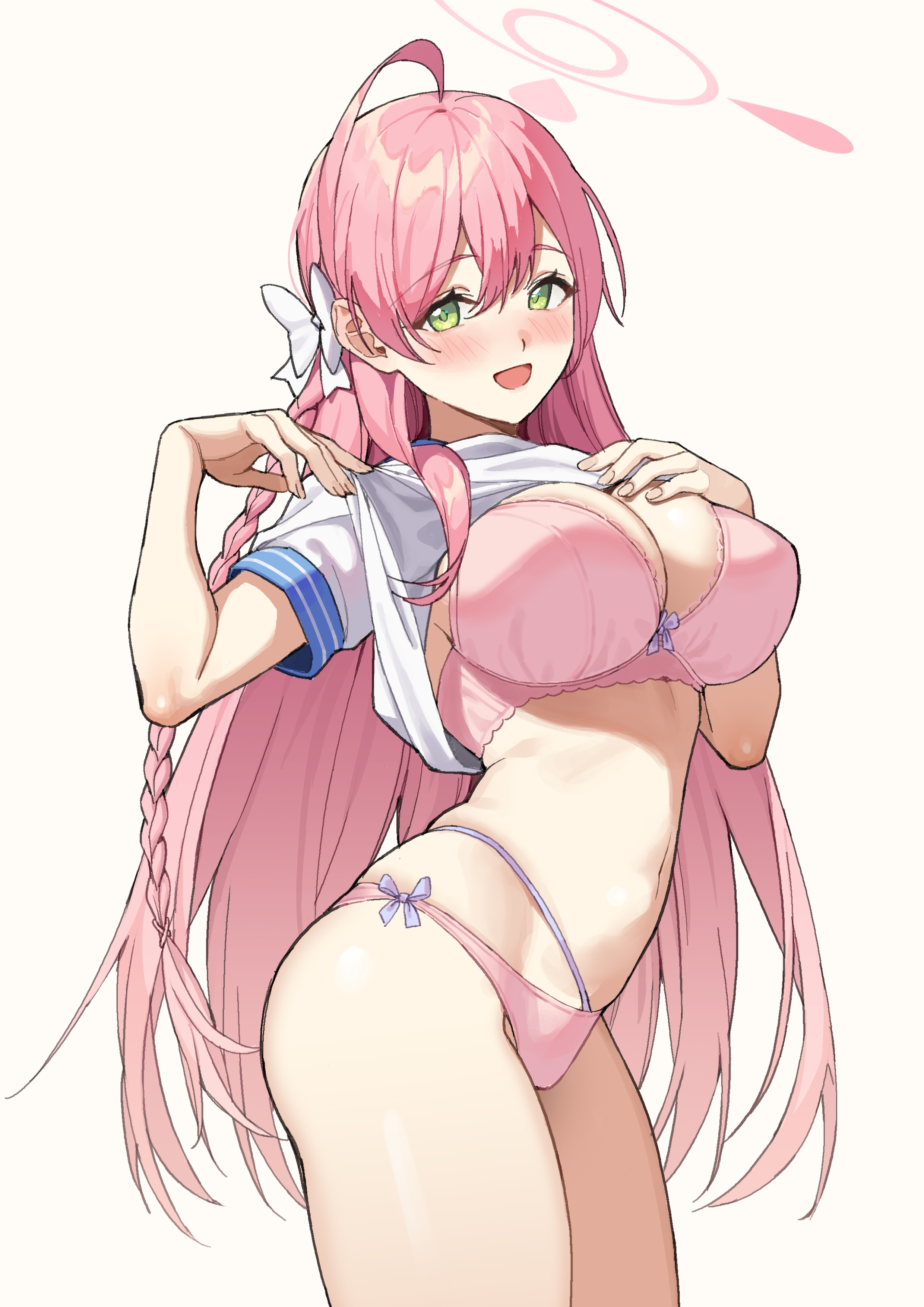 absurdres, ahoge, bangs, blue archive, blush, bra, braid, breasts, clothes lift, cowboy shot, eyebrows visible through hair, female, green eyes, hair between eyes, halo, hanako (blue archive), highres, icarus (632247131), large breasts, long hair, looking at viewer, make-up work club (blue archive), navel, no pants, open mouth, panties, pink bra, pink hair, pink panties, school uniform, serafuku, shirt, shirt lift, short sleeves, simple background, skindentation, smile, solo, thighs, trinity general school student, underwear, very long hair, white background