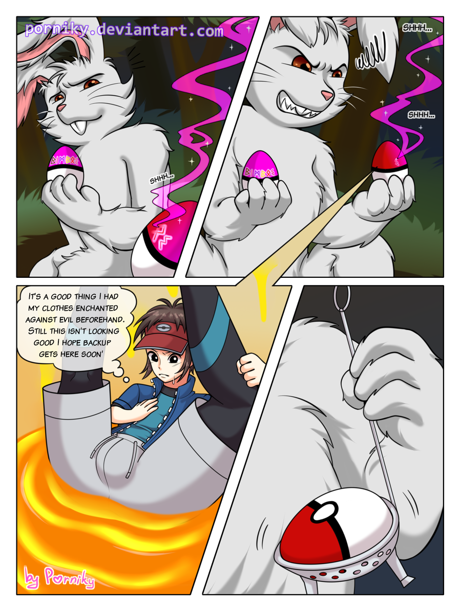 1boy anthro bulge comic egg giant_animal male_only nate_(pokemon) original_character pokeball pokemon pokemon_trainer porniky pre-transformation rabbit trapped