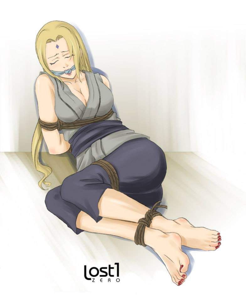 1girls, barefoot, bondage, cloth gag, feet, feet together, female, female only, fully clothed, gag, lostonezero, naruto, naruto (series), red toenails, rope bondage, solo, solo female, toenail polish, toes, tsunade