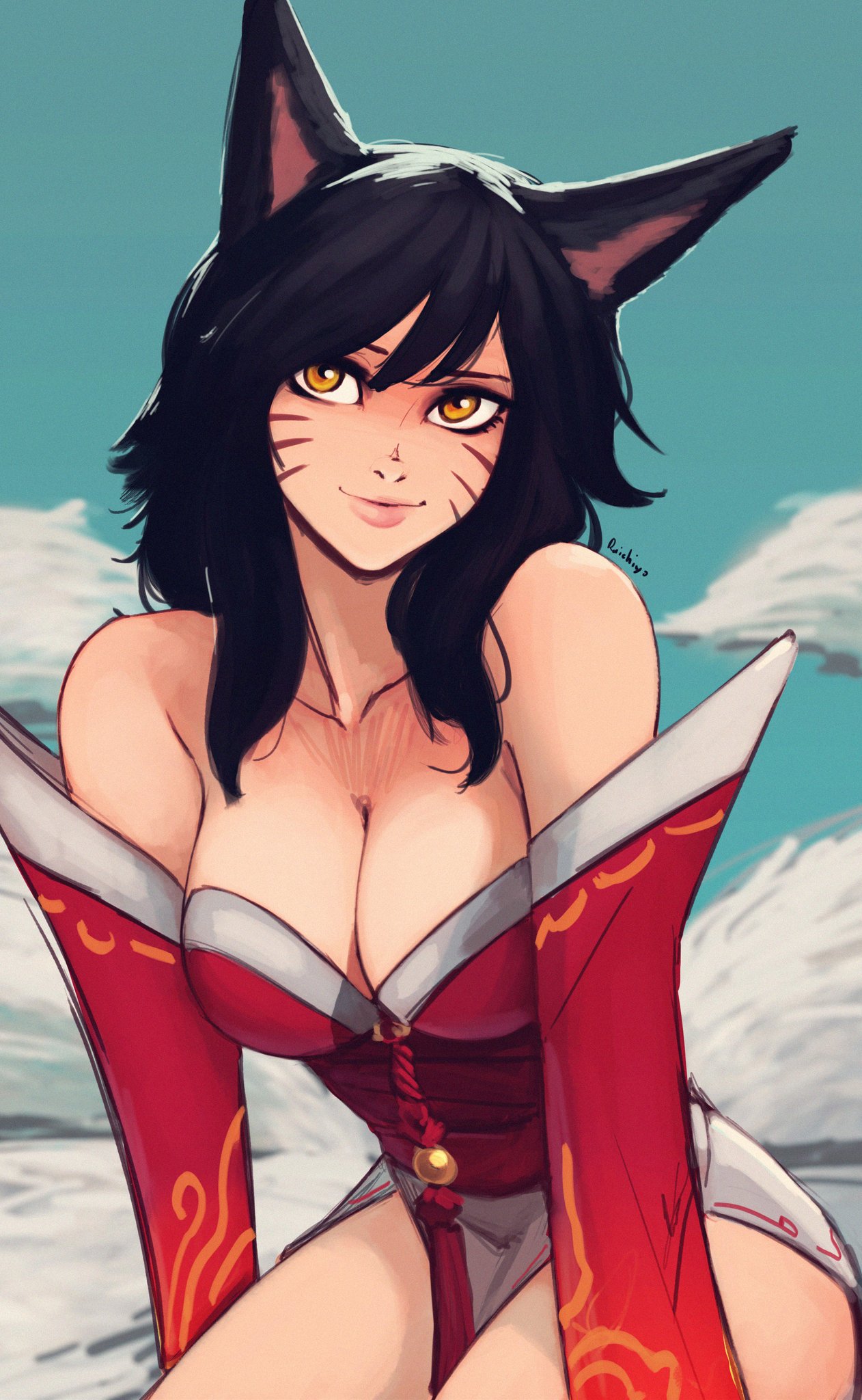 ahri big_breasts black_hair blush fluffy fluffy_tail fox_ears fox_girl fox_tail kitsune league_of_legends looking_at_viewer multiple_tails pink_lips raichiyo33 red_outfit riot_games smile smiling smiling_at_viewer twitter twitter_username vastaya yellow_eyes