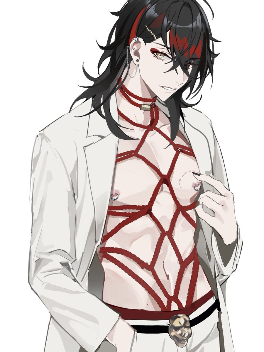 1boy 2022 belt_buckle bite_mark black_hair bondage ear_piercing eyeshadow hair_behind_ear long_hair long_sleeves looking_at_viewer male male_only multicolored_hair neru_(jojo86080879) nijisanji nijisanji_en nipple_piercing pale-skinned_male pale_skin red_hair rope rope_bondage shibari_under_clothes solo solo_focus solo_male suit two_tone_hair virtual_youtuber vox_akuma yellow_eyes