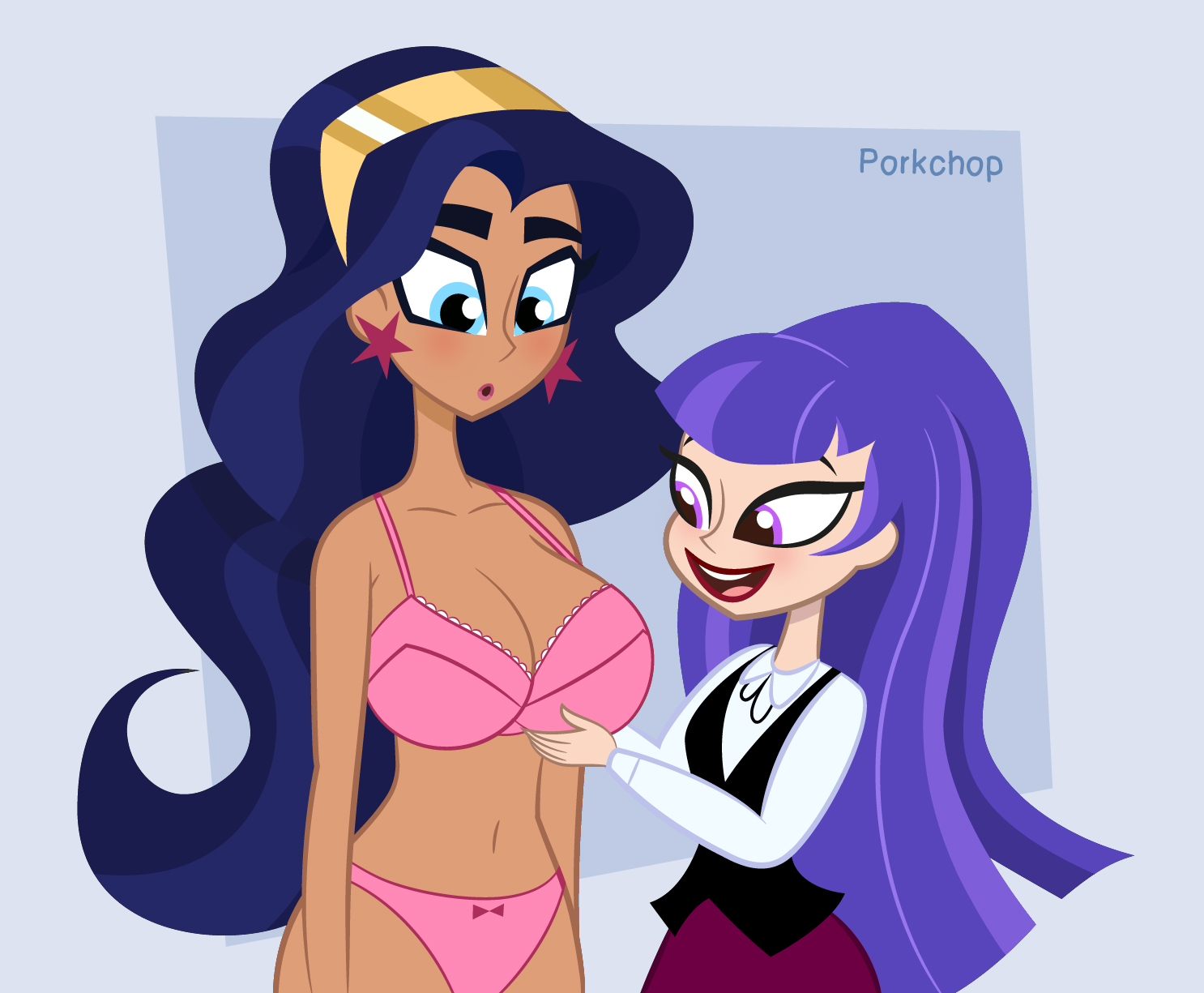 2girls, big breasts, blush, bra, breast size comparison, breast size difference, breasts, cleavage, dark skin, dark-skinned female, dc, dc comics, dc super hero girls, diana prince, female, female only, light skin, light-skinned female, multiple females, multiple girls, navel, panties, porkchop (artist), size difference, star earrings, underwear, wonder woman, wonder woman (series), zee zatara