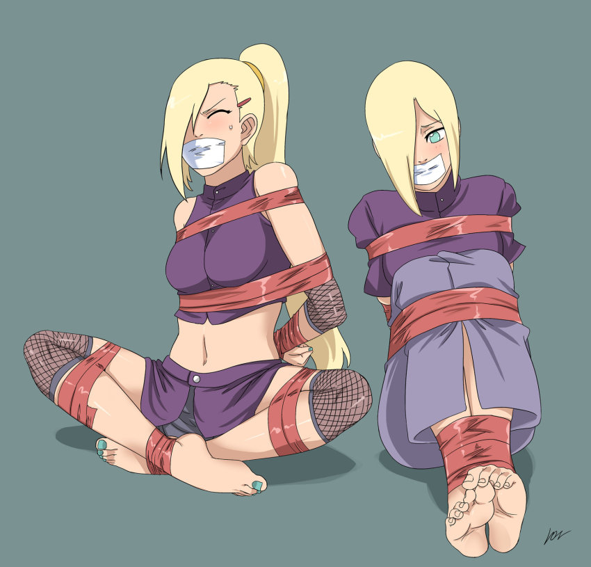 blonde_hair blue_eyes blue_toenails bondage duo feet gag ino_yamanaka ino_yamanaka_(naruto:_road_to_ninja) lostonezero naruto naruto:_road_to_ninja naruto_(series) naruto_shippuden soles sweat tape_bondage tape_gag toenail_polish