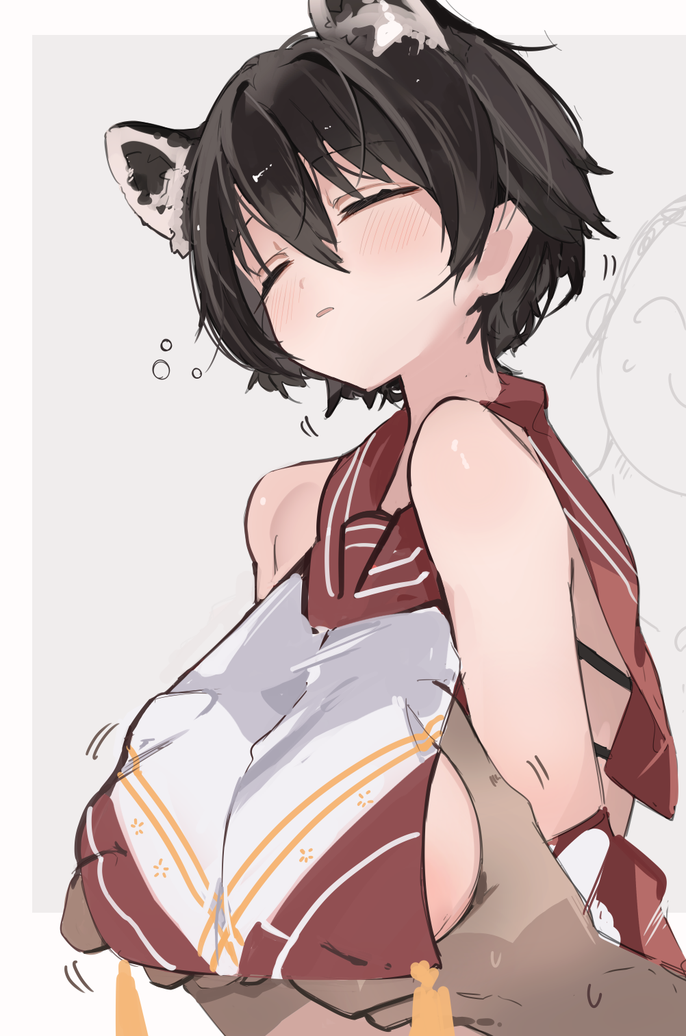 allied hyakkiyako academy student, animal ears, blue archive, breast grab, breasts, closed eyes, doodle sensei (blue archive), eyebrows visible through hair, female, grabbing, grabbing from behind, grey background, hair between eyes, highres, inner discipline club (blue archive), mikozin, sensei (blue archive), short hair, simple background, sleeping, solo focus, tsubaki (blue archive), upper body, very short hair