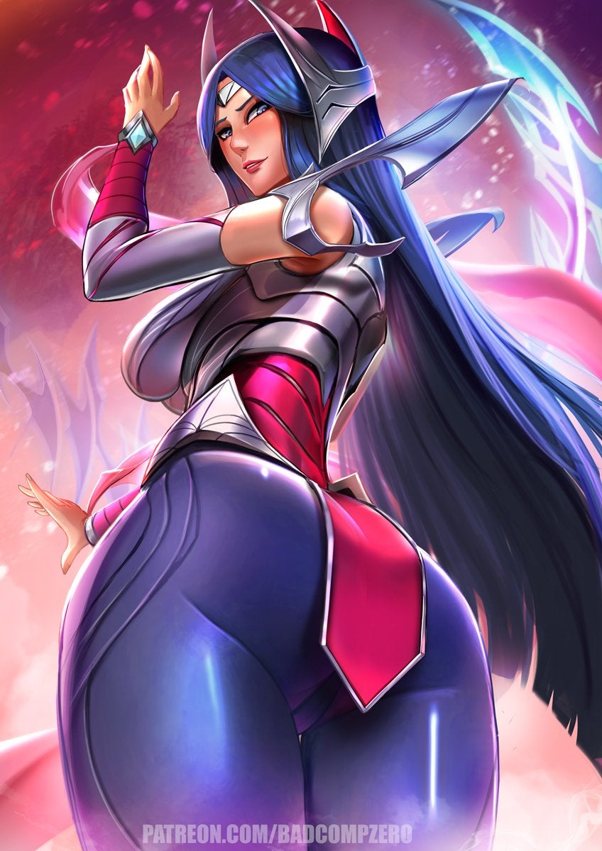 ass, back view, badcompzero, behind view, blush, cameltoe, clothed female, female, irelia xan, league of legends, pussy