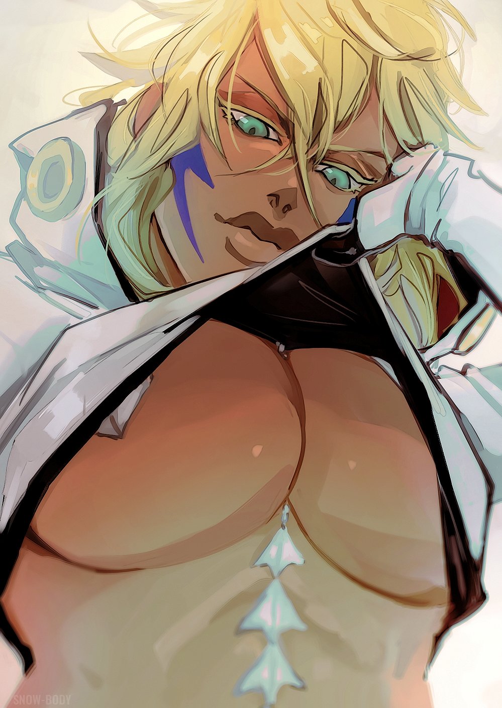 1girls, almost naked, arrancar, barely clothed, bleach, blonde hair, blue eyes, breasts, clothed, clothing lift, crop top, cropped jacket, dark skin, dark-skinned female, espada, female, female only, gloves, green eyes, high collar, highres, large breasts, lifted by self, mostly nude, muscular, muscular female, presenting, presenting breasts, revealing clothes, sefnow, solo, solo focus, tia harribel, underboob, upper body, yellow hair