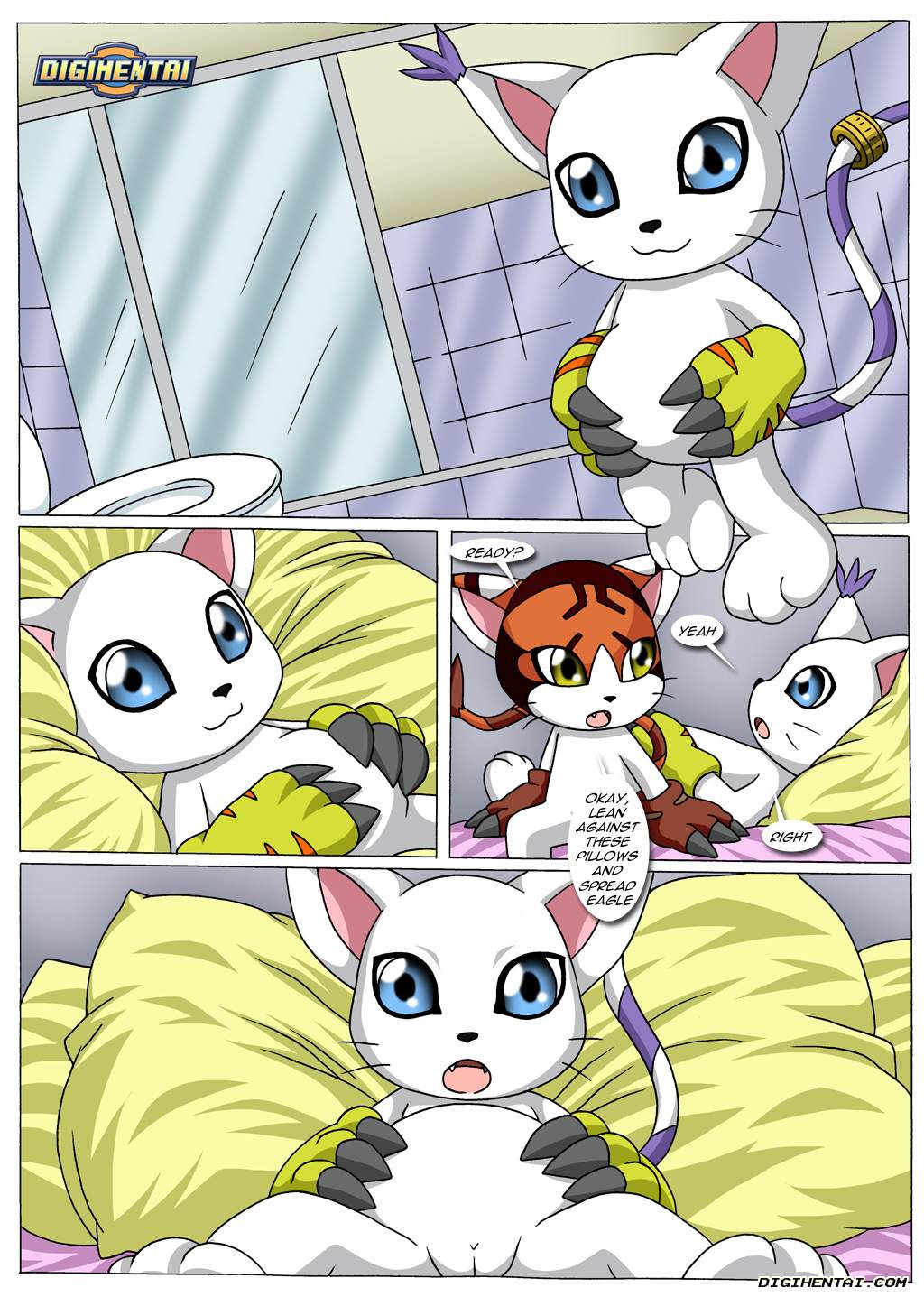 anthro bathroom bbmbbf bed bedroom comic comic_page digihentai digimon female gatomon gatomon_in_heat_3 male mikemon palcomix pillow pregnant pussy