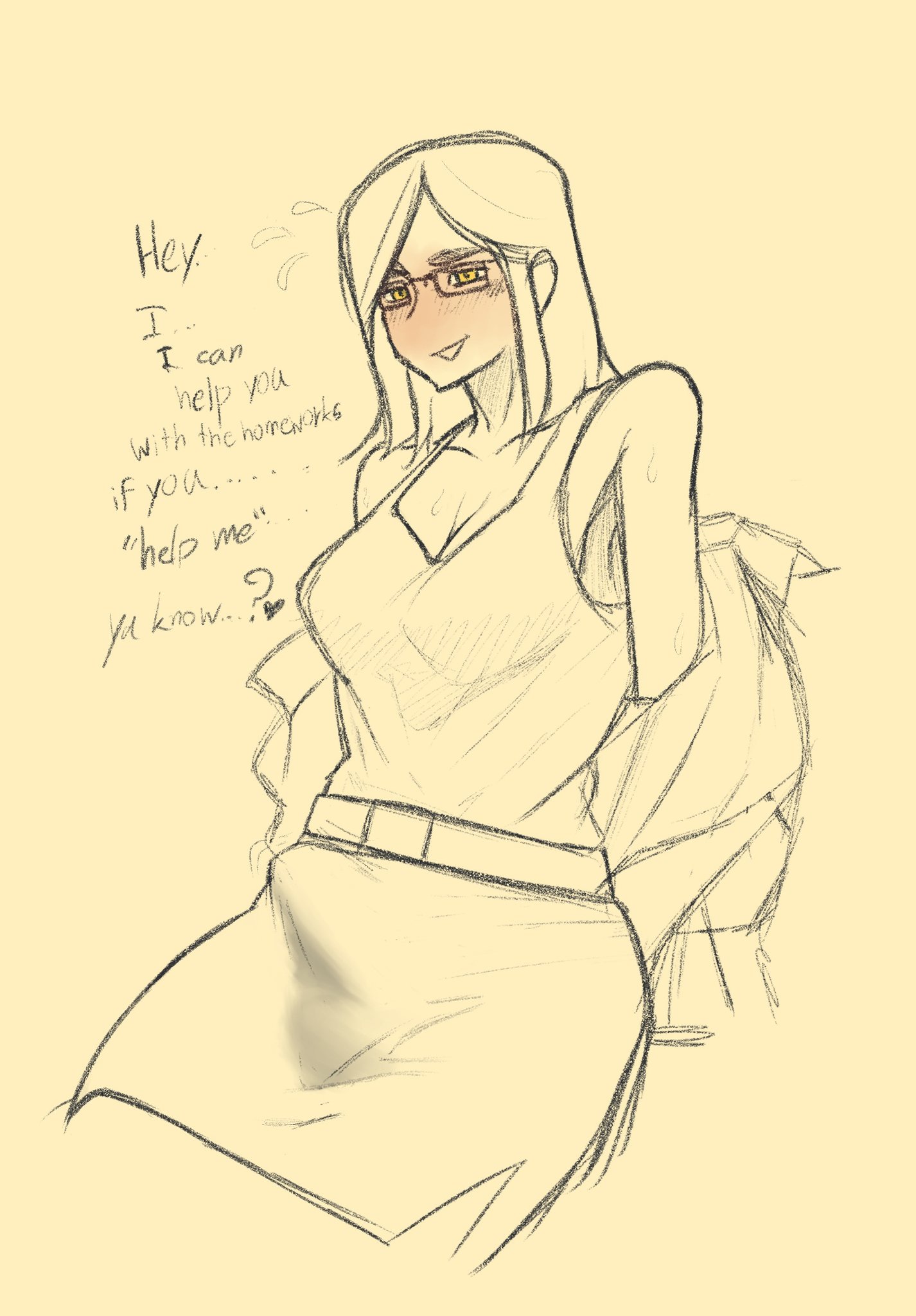 1futa, balls, blush, bulge, clothed, clothing, dialogue, erection, erection under clothes, erection under skirt, fully clothed, futa only, futanari, glasses, human, intersex, monochrome, pencil skirt, penis, penis under clothes, penis under skirt, shy, sketch, snobbyfoxy, solo, sweat, tenting, text, yellow eyes