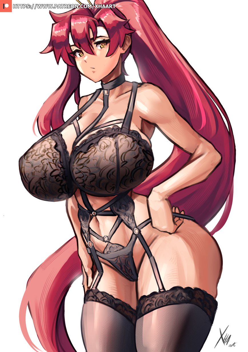 breasts garter_belt garter_straps golden_eyes high_ponytail huge_breasts lingerie long_hair looking_at_viewer ponytail red_hair shiny_hair shiny_skin tagme tengen_toppa_gurren_lagann thighhighs very_long_hair xhaart yellow_eyes yoko_littner