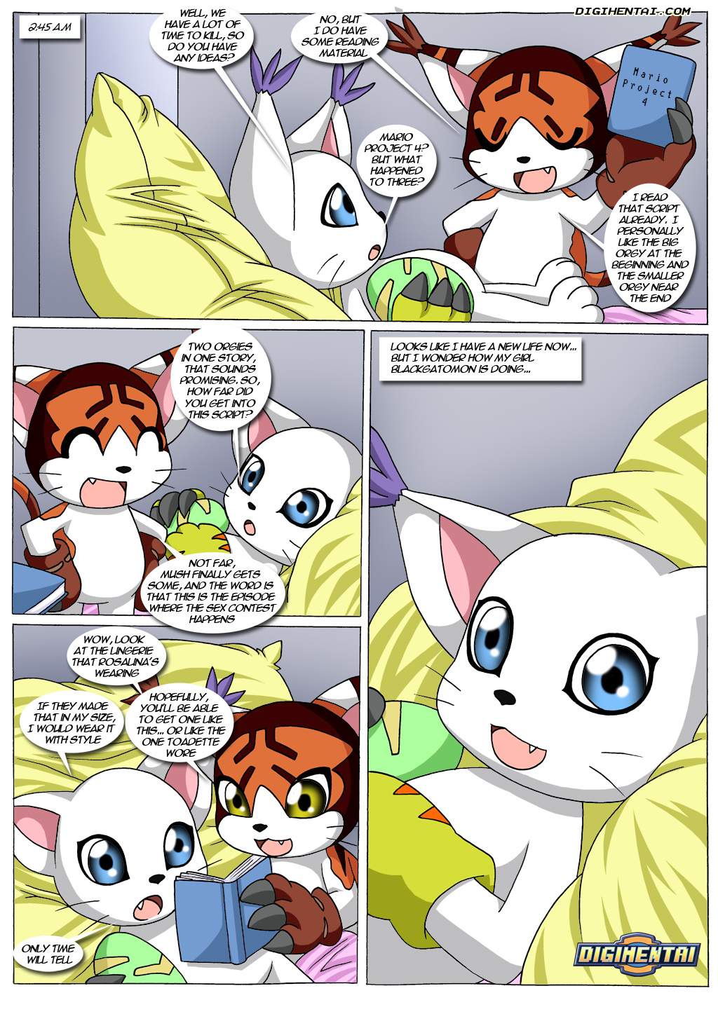 bbmbbf bed bedroom comic comic_page digiegg digihentai digimon egg female gatomon gatomon_in_heat_3 male mikemon palcomix pillow