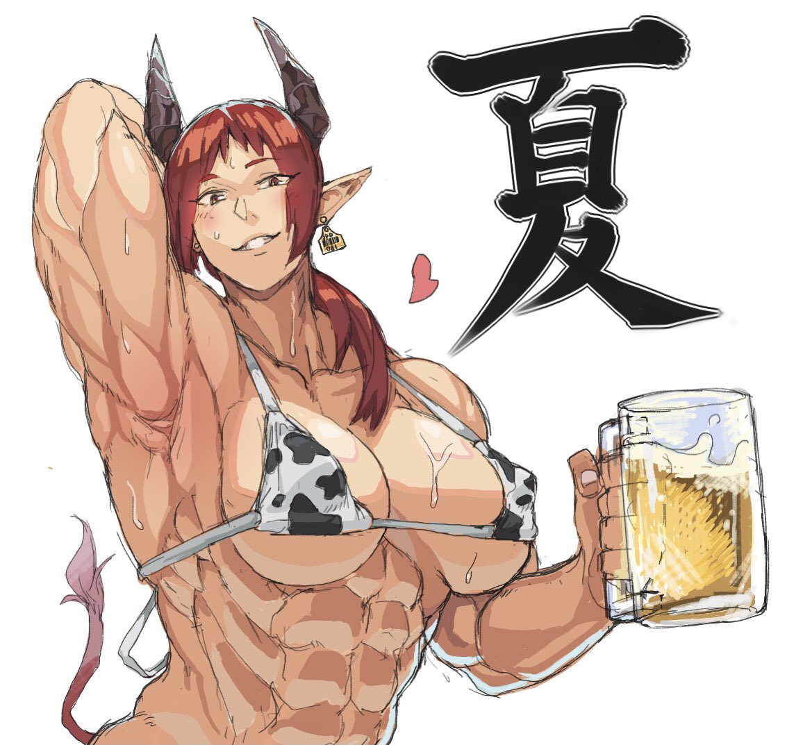beer, bra, cow print, female, holding object, kugara4423, muscular, muscular female