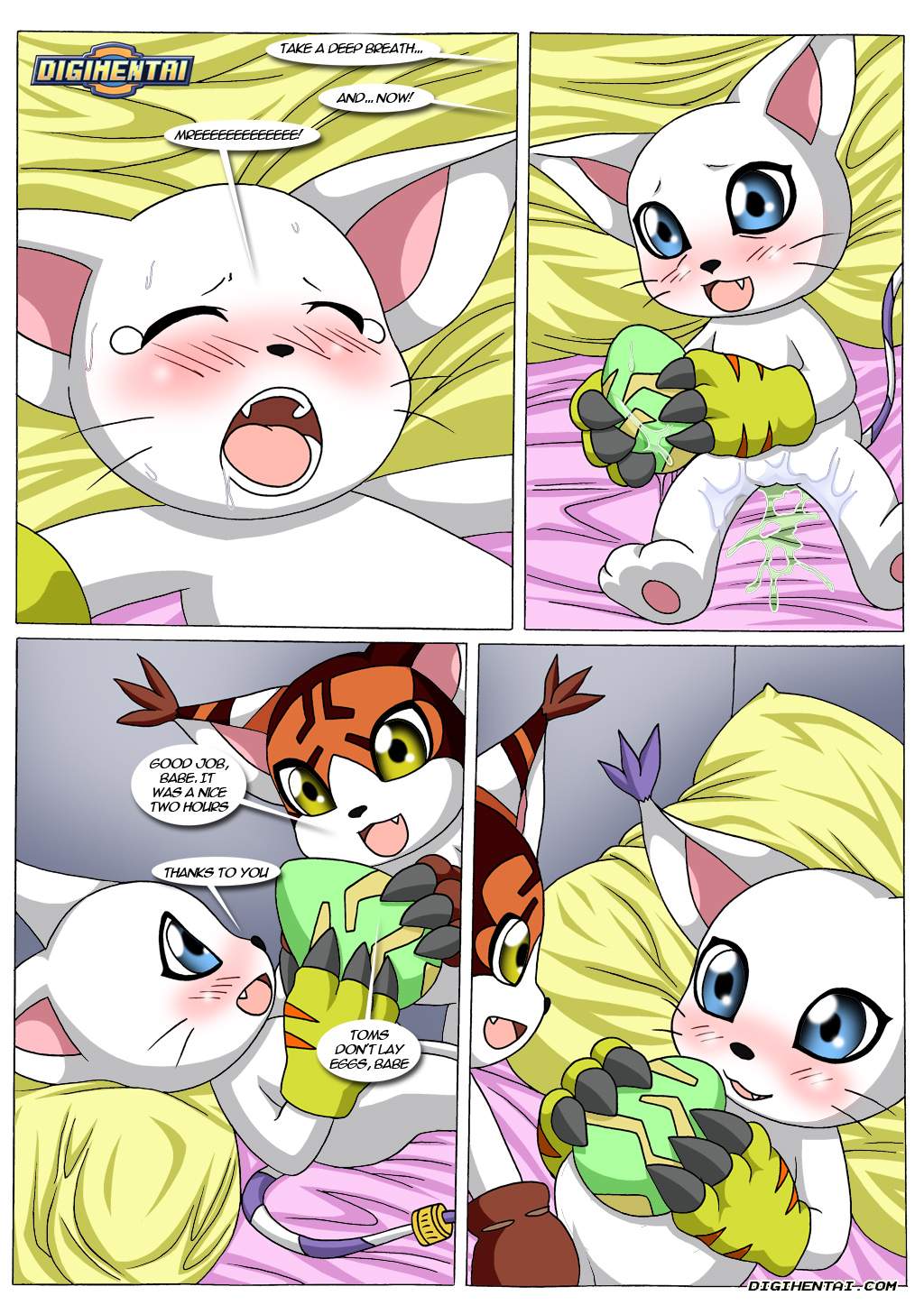 bbmbbf bed bedroom birth blush comic comic_page digiegg digihentai digimon drooling egg female gatomon gatomon_in_heat_3 male mikemon palcomix pillow pussy tears